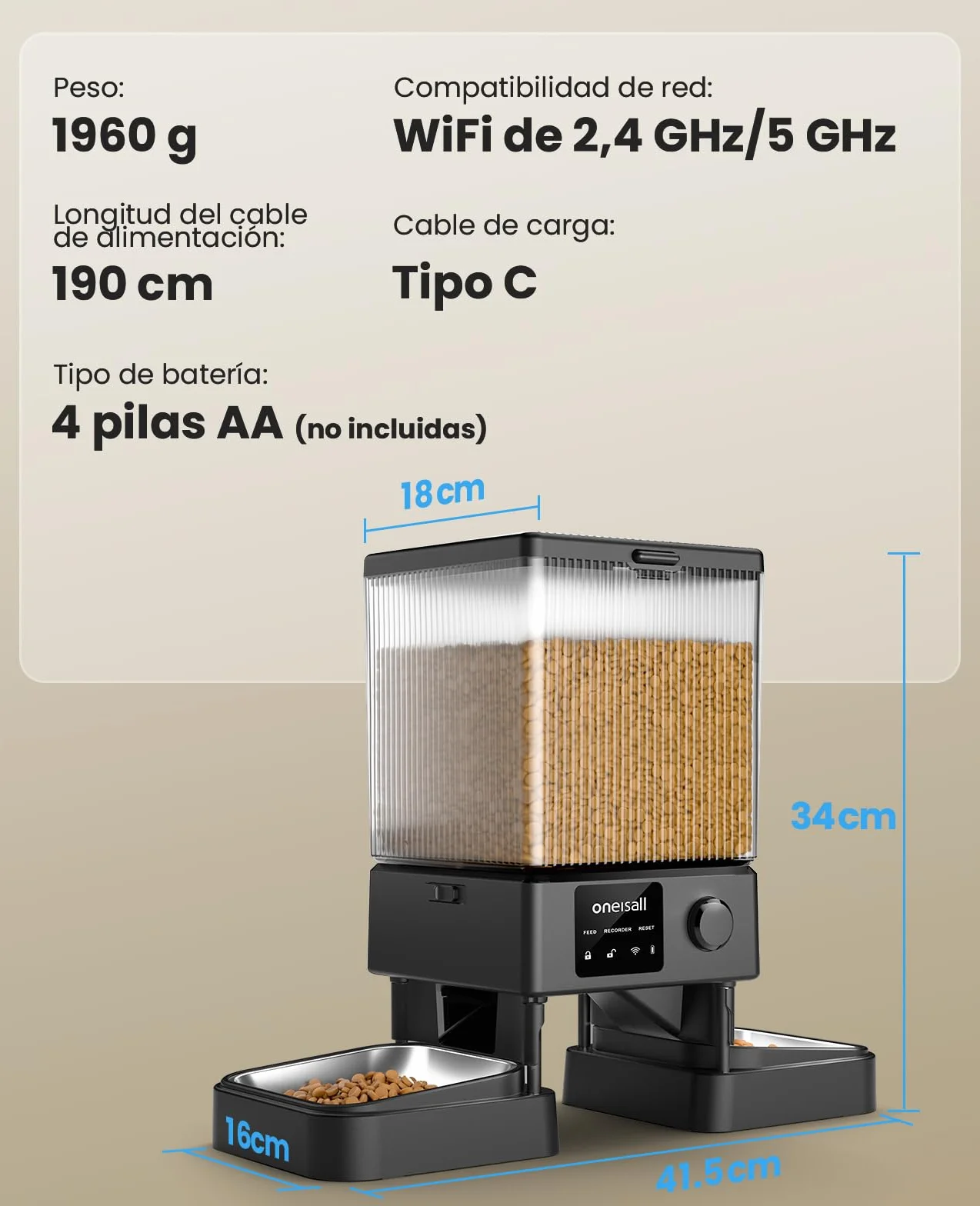 oneisall 5L Comedero Automático Gato 2 Tazones, 5G/2.4G WiFi Máquina de Comida Inteligente para Gatos/Perros, fácil Operación con Control App, con 2 Tazones de Acero Inoxidable, Grabadora de Voz