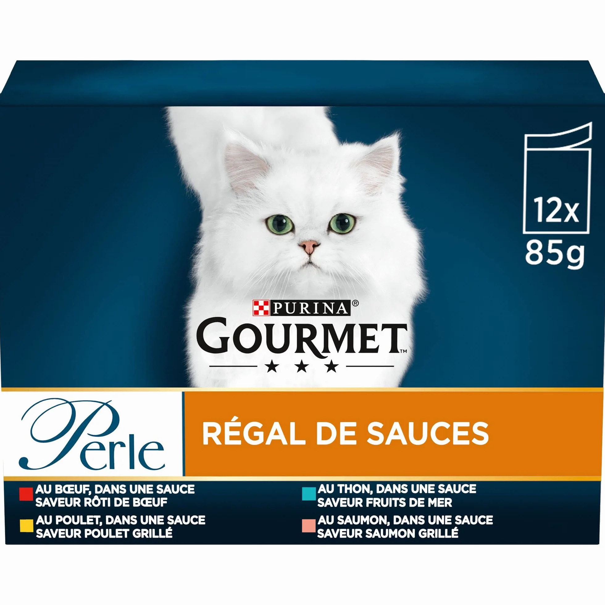 Gourmet Perla | Regal DE Salsas | Gato Adulto | Carne, Pollo, Atún, Salmón | 12 x 85 g| Bolsa Fresca