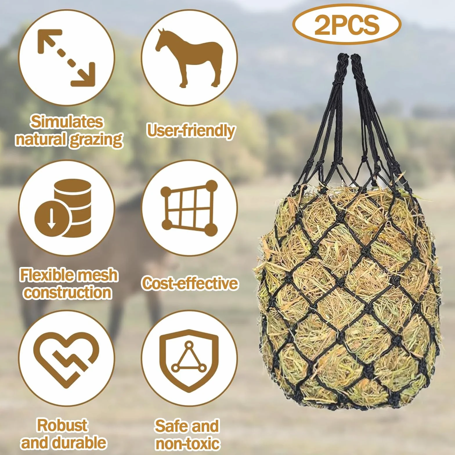 2 Piezas Redes de Heno para Caballos, Malla Fina de 5x5 cm para Alimentación Lenta, Portátil Red Heno para Cabras, Reduce el Desperdicio para Caballos, Cabras y Ponis