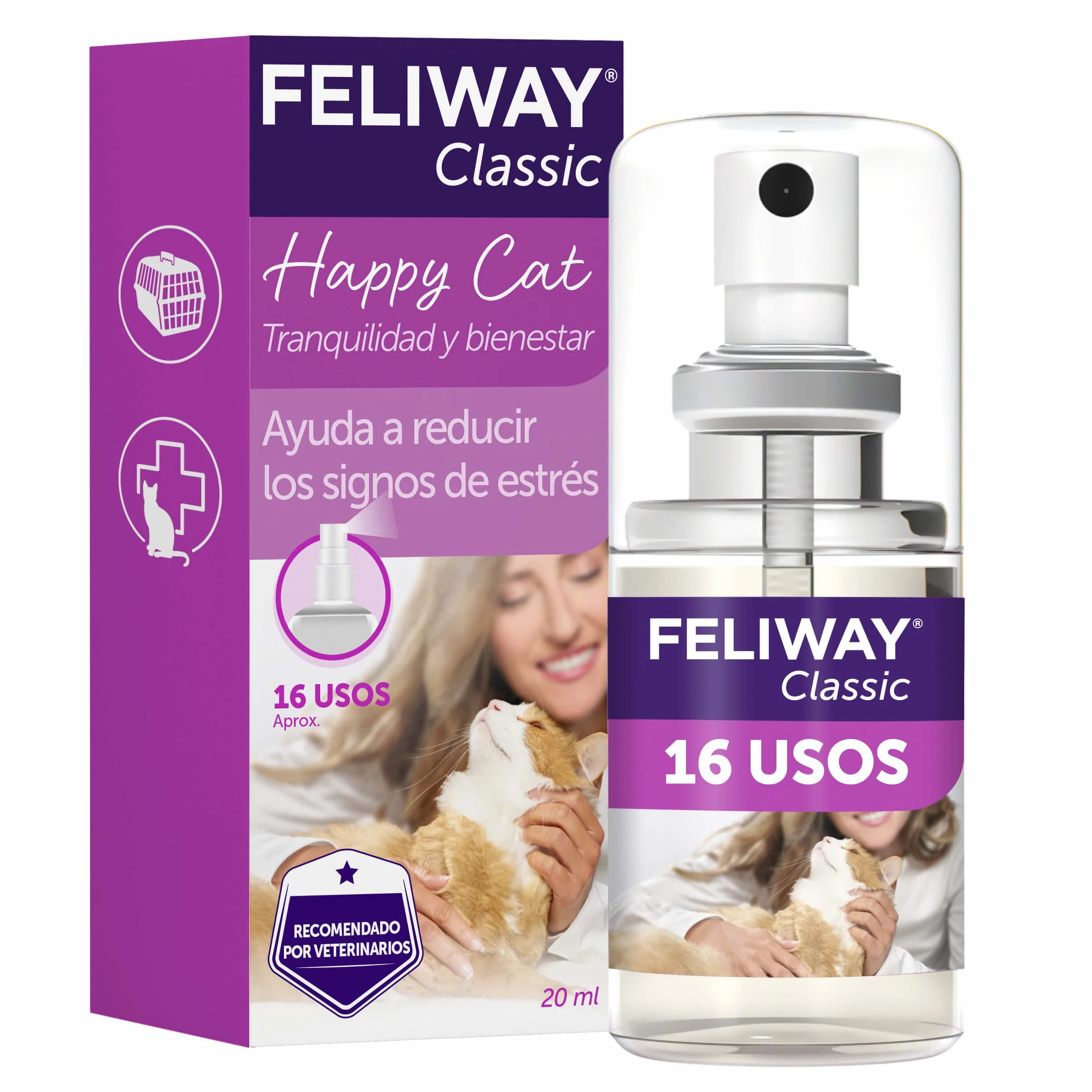 FELIWAY Classic Spray - Feromonas calmantes para gatos (20ml). Reduce los marcajes con orina y el estrés durante los viajes en transportín. Recomendado por veterinarios.