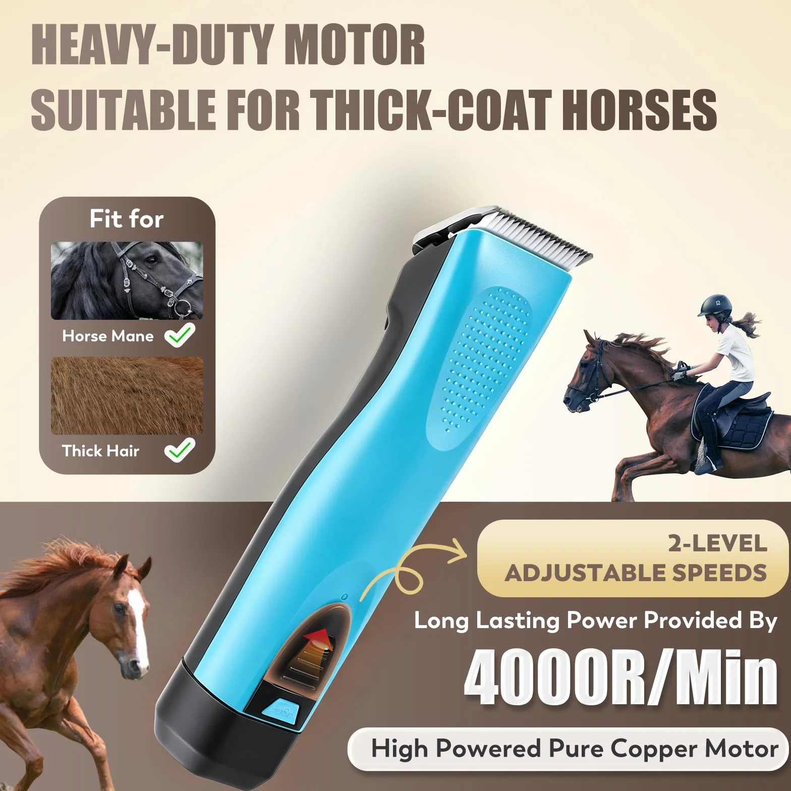CGOLDENWALL Cortapelos para Caballo, Batería de Li-Ion 1400mAh & Cable de 3.5m para Uso Con/Sin Cable, 3200-4000rpm Ajuste de Velocidad, para Perro, Caballo, Cabra, Vaca y Animal de Pelo Grueso