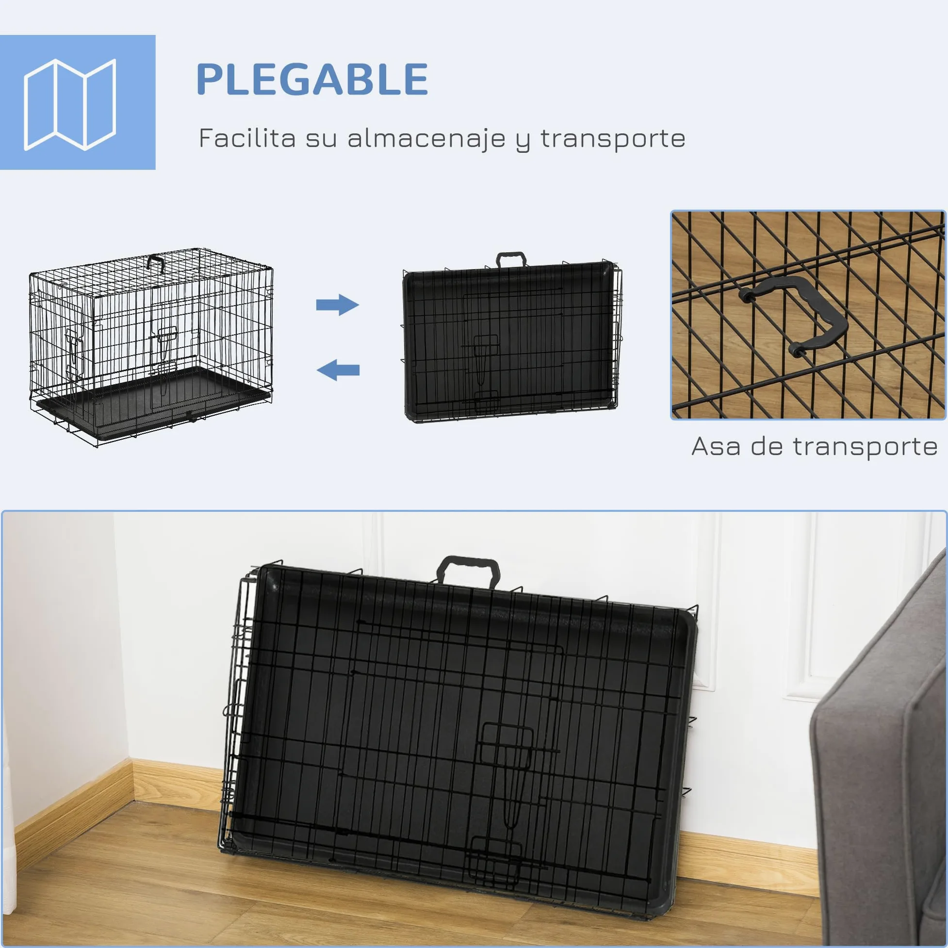 PawHut Jaula para Perros Plegable Transportín para Perros con 2 Puertas Bandeja Extraíble y Asa de Transporte 76x46x52 cm Negro