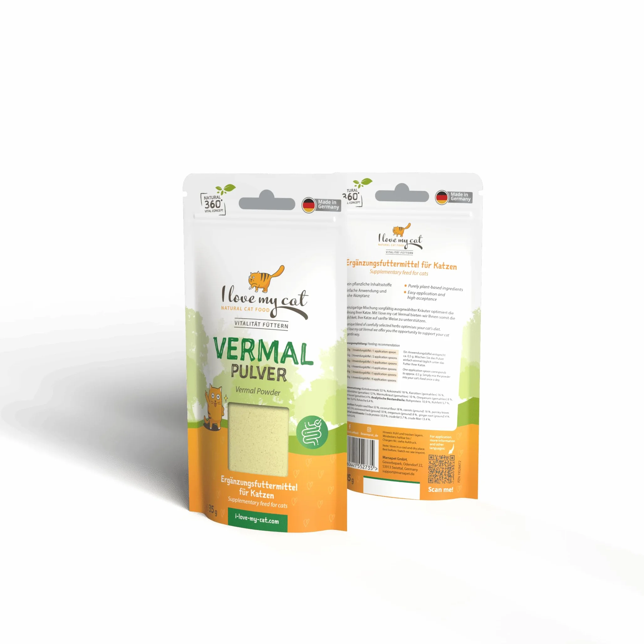 I Love My Cat Vermal Complemento Alimenticio en Polvo para Gatos - 35 g – Ayuda contra la Giardia, Mejora la Dieta y Reduce el Riesgo de Colonización de Gusanos y Parásitos Intestinales