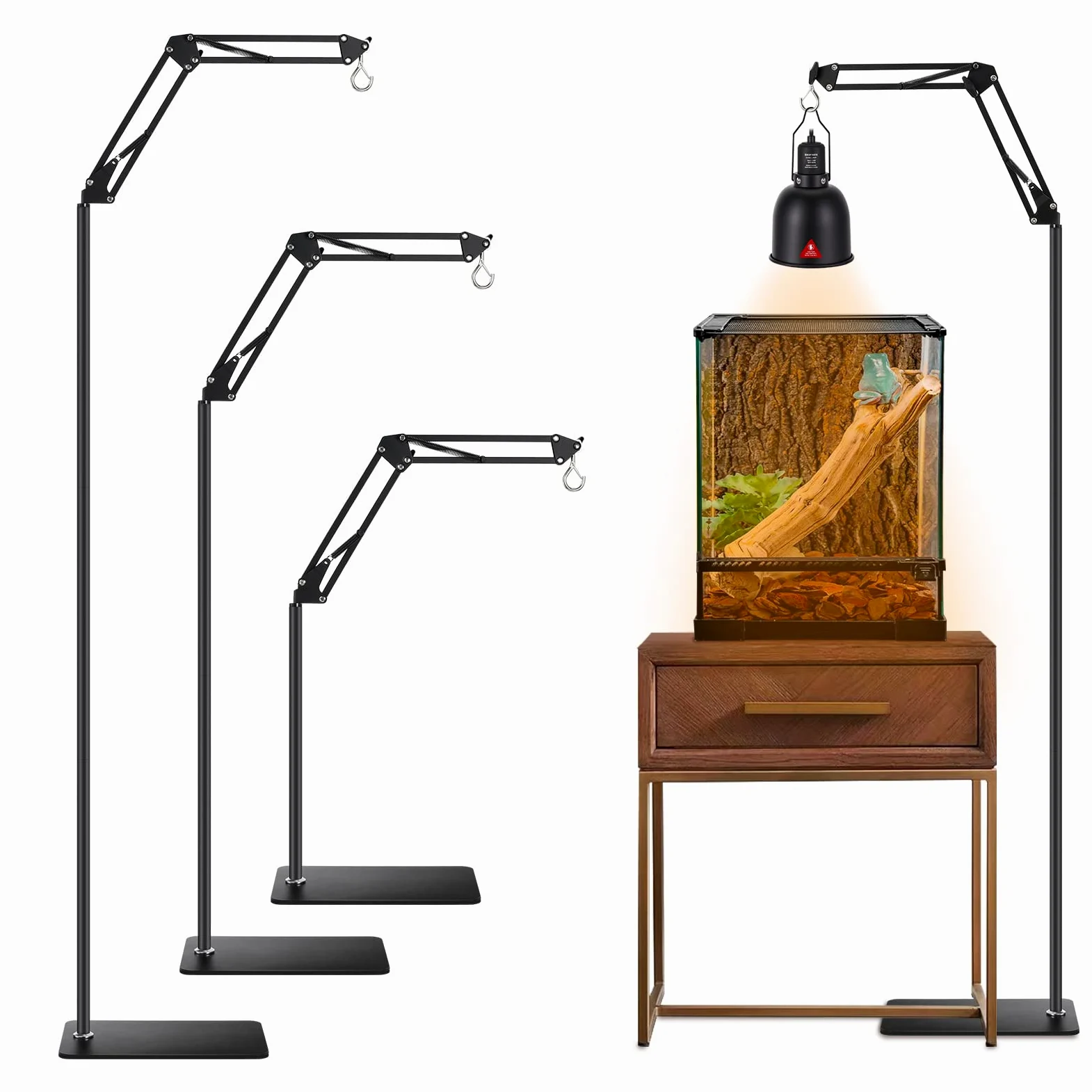 Soporte para lámpara de reptil, soporte de lámpara de calor para reptiles (15.7 a 74.3 pulgadas) con brazo oscilante ajustable de 360°, soporte de luz de reptil para tortugas dragón barbudo