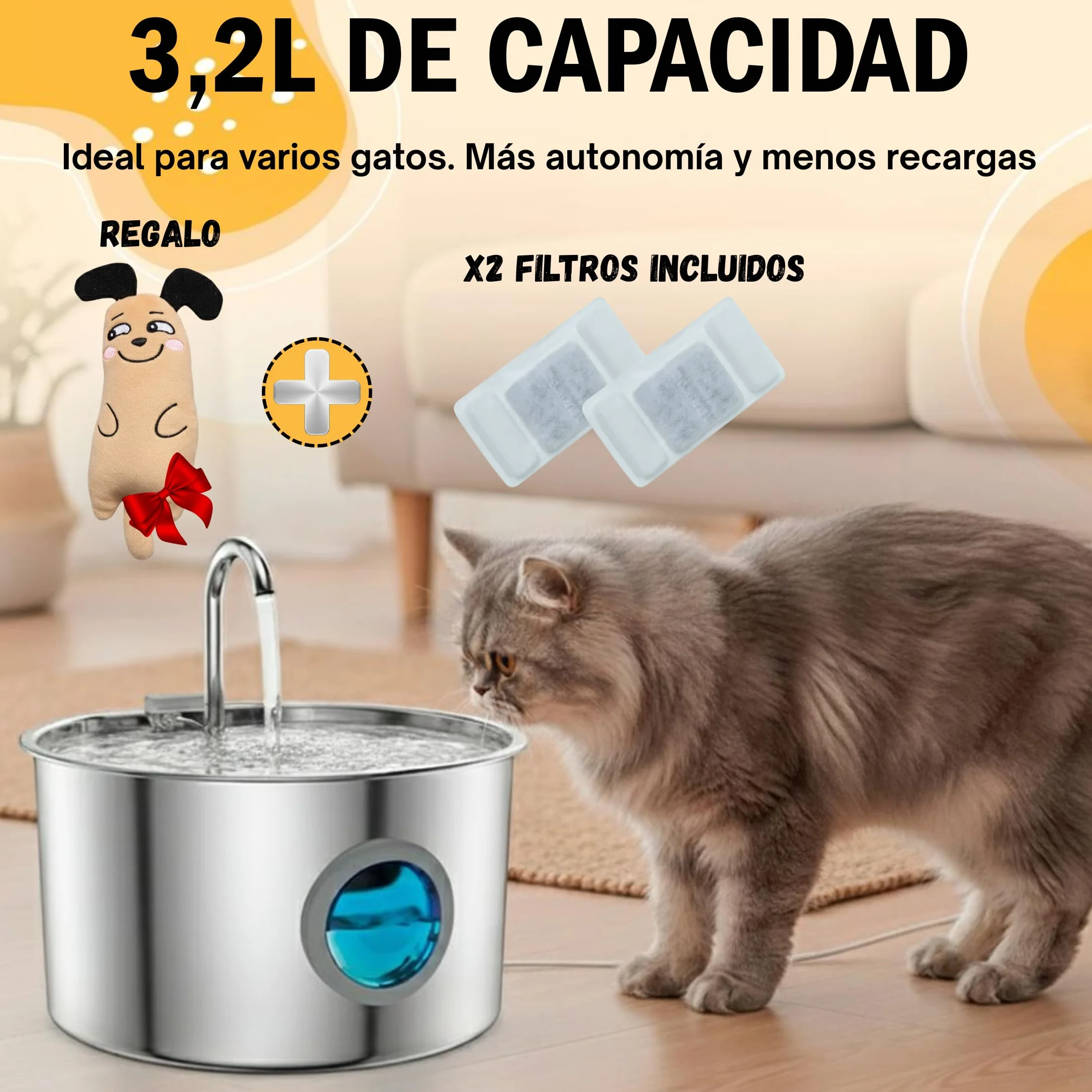 Fuente para Gatos de Acero Inoxidable 3,2L Automático – Bebedero Silencioso de Bajo Consumo con 2 Filtros y 3 Esponjas | Dispensador para Mascotas | Fuente de Agua para Gatos Premium