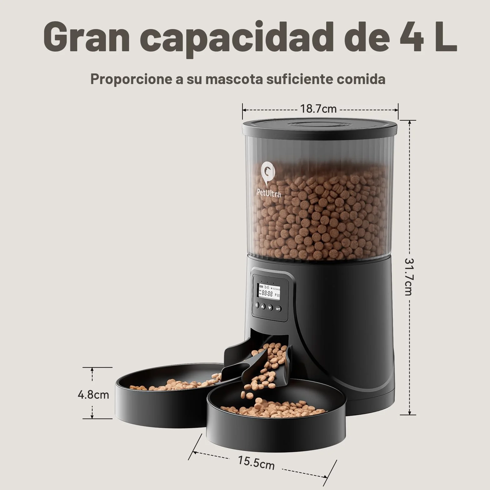 IMIPAW Comedero Gato Automatico - Dispensador Comida con Dos Cuencos, Temporizador Programable para Gatos y Perros con Bolsa Desecante, 1-6 Comidas al Día, 1-20 Porciones por Comida- 4L
