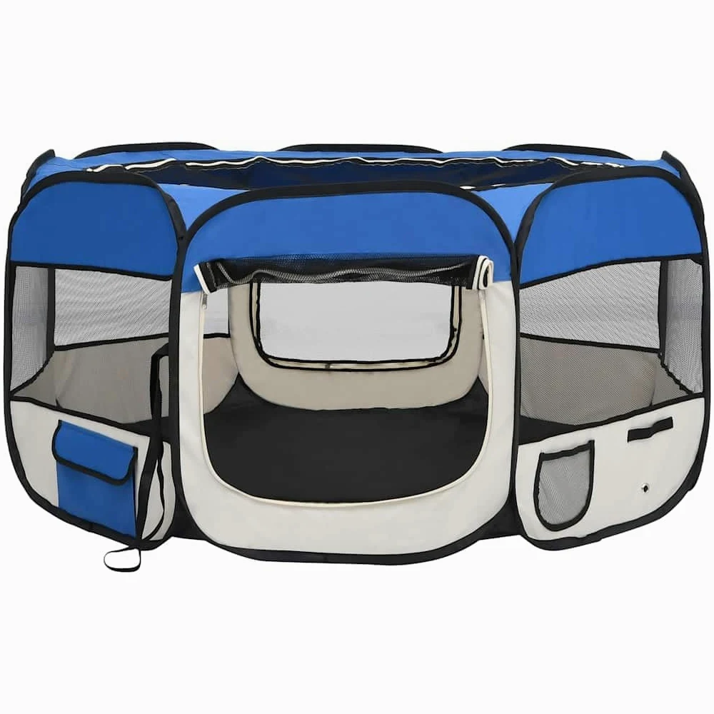 Parque plegable para perros, 125 x 125 x 61 cm, con bolsa de transporte, jaula de entrenamiento y juego de acero resistente, techo y puerta de red con cremallera, bolsillos laterales para juguetes