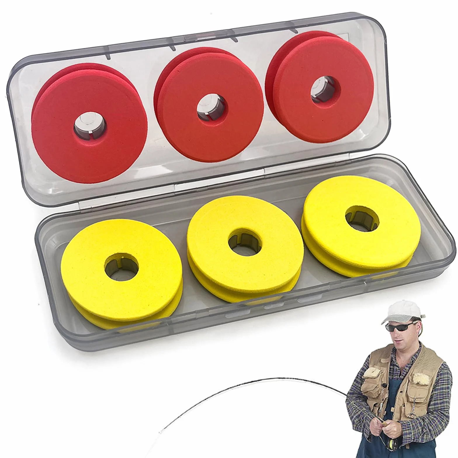Carretes de Línea de Pesca de Espuma, 6 Piezas, Tabla de Bobinado para Almacenar Líneas y Accesorios (Rojo + Amarillo)