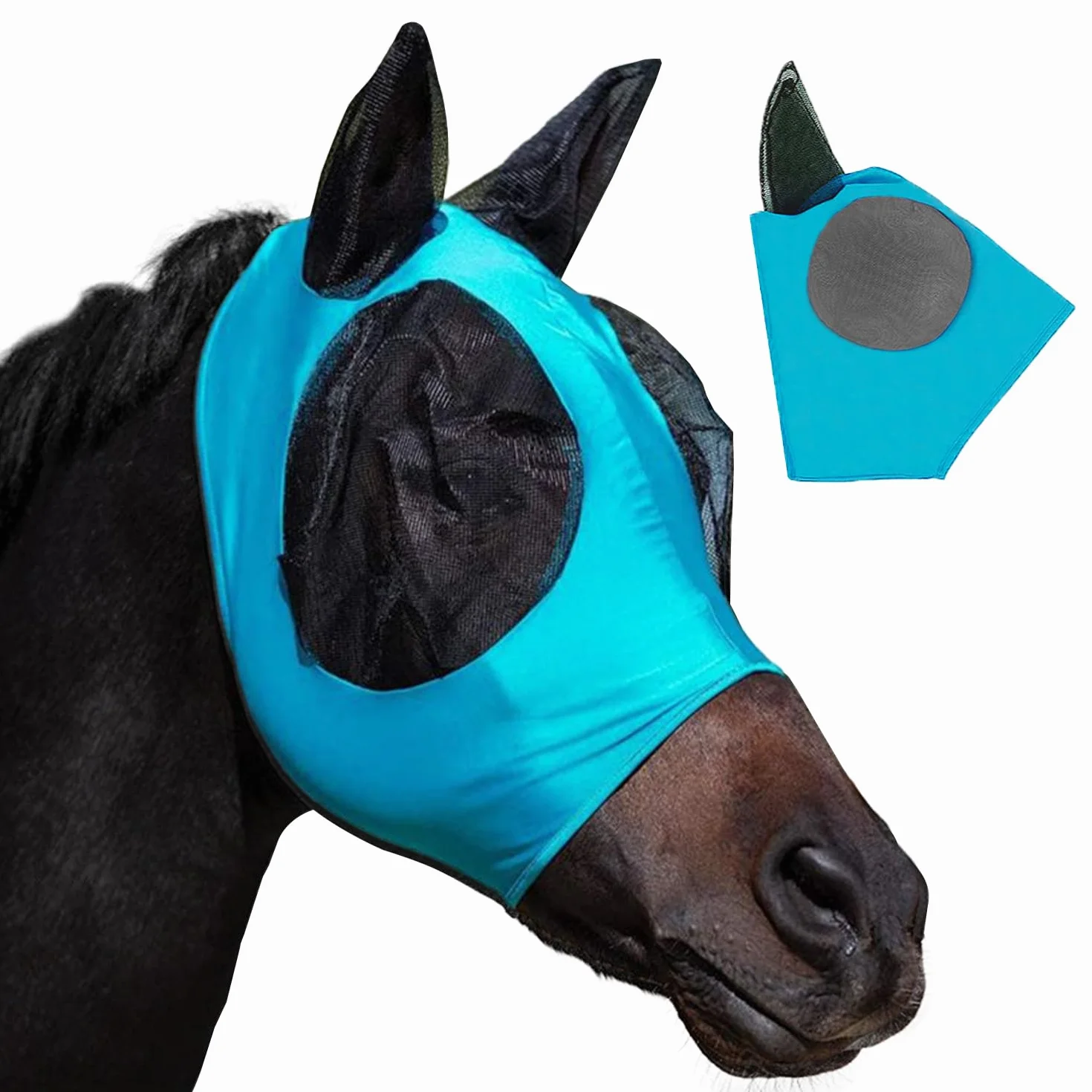 Máscara para Moscas de Caballos, Antimoscas con Cubiertas para los Oídos, Anti-UV, Reutilizable (Azul)