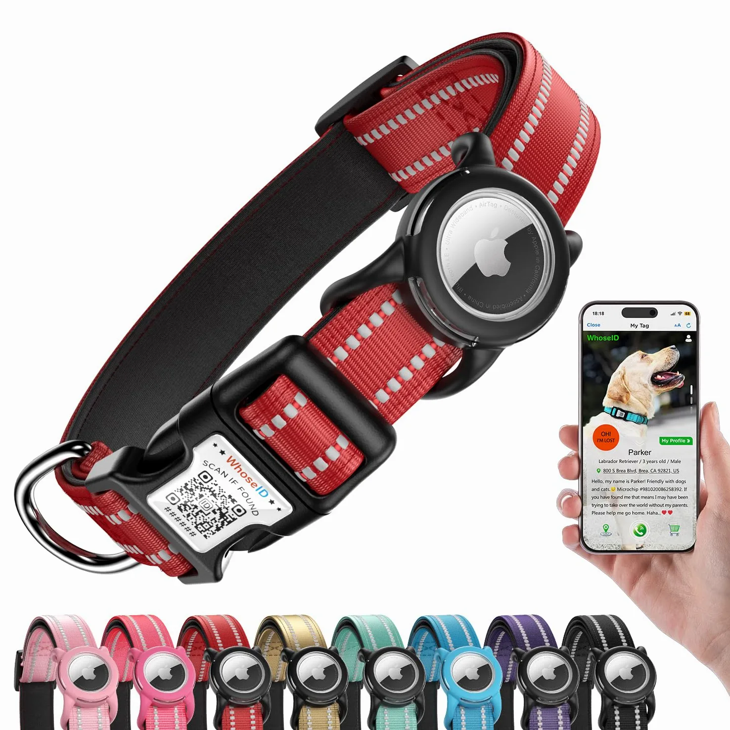 Collar de perro con código QR, collar reflectante para perro, acolchado de neopreno suave y hebilla de bloqueo de seguridad, collar ajustable para mascotas (rojo, M con soporte para Airtag)