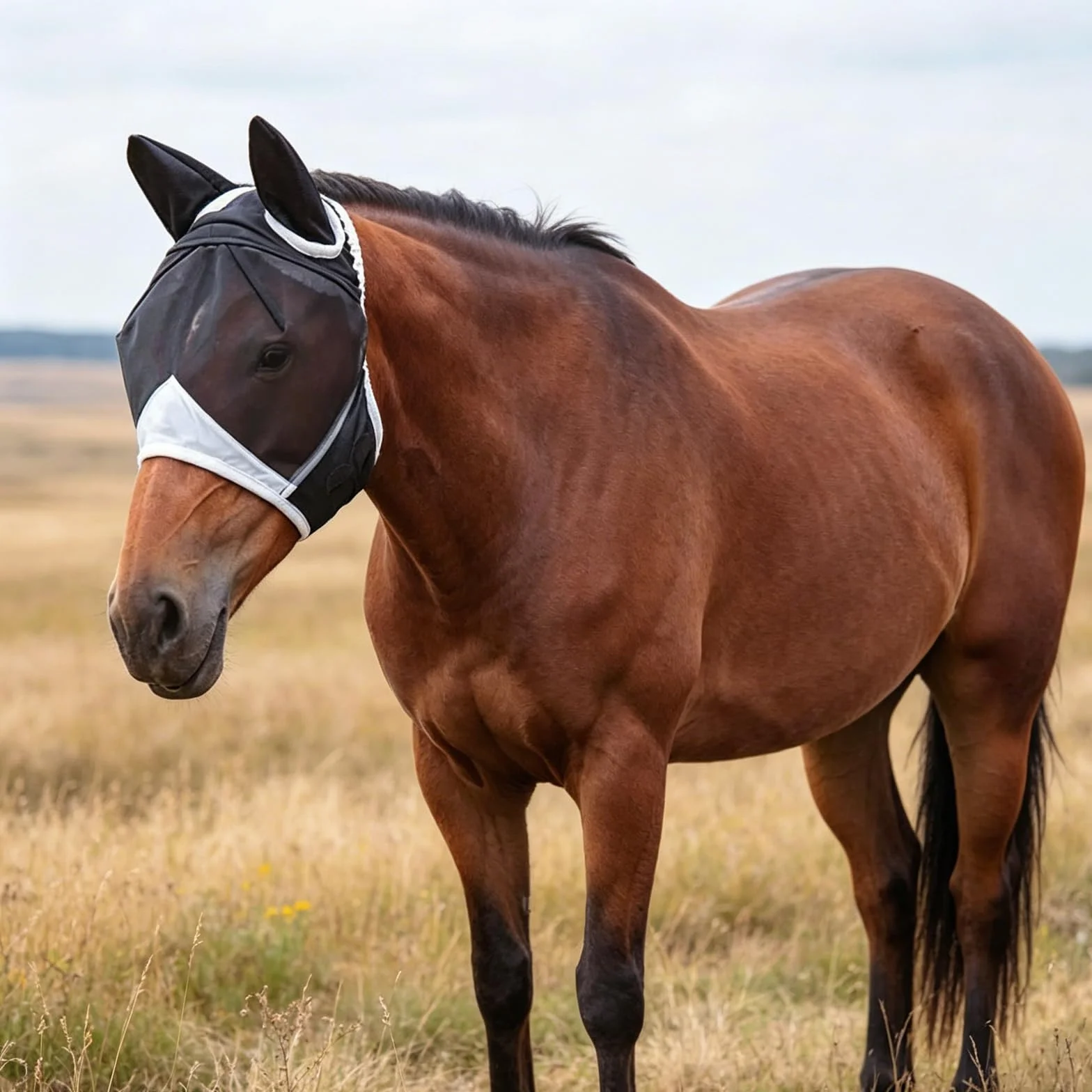 Máscara transpirable para moscas de caballo, máscara de mosca de caballo blanco y negro con orejas, tamaño ajustable (L)