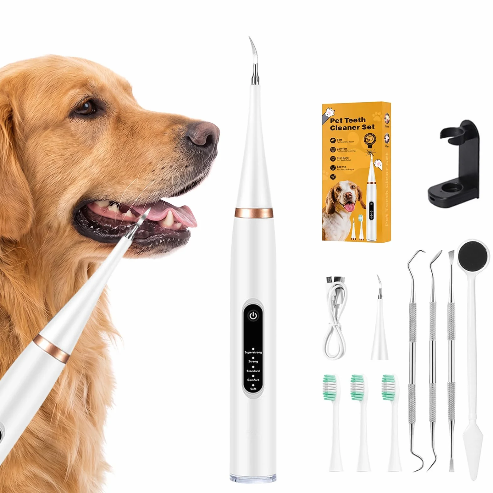 Limpiador Dental Ultrasónico para Perros y Gatos Blanco – 5 Modos con LED, Detección de Encías, IPX7, Recargable USB-C, Kit Completo
