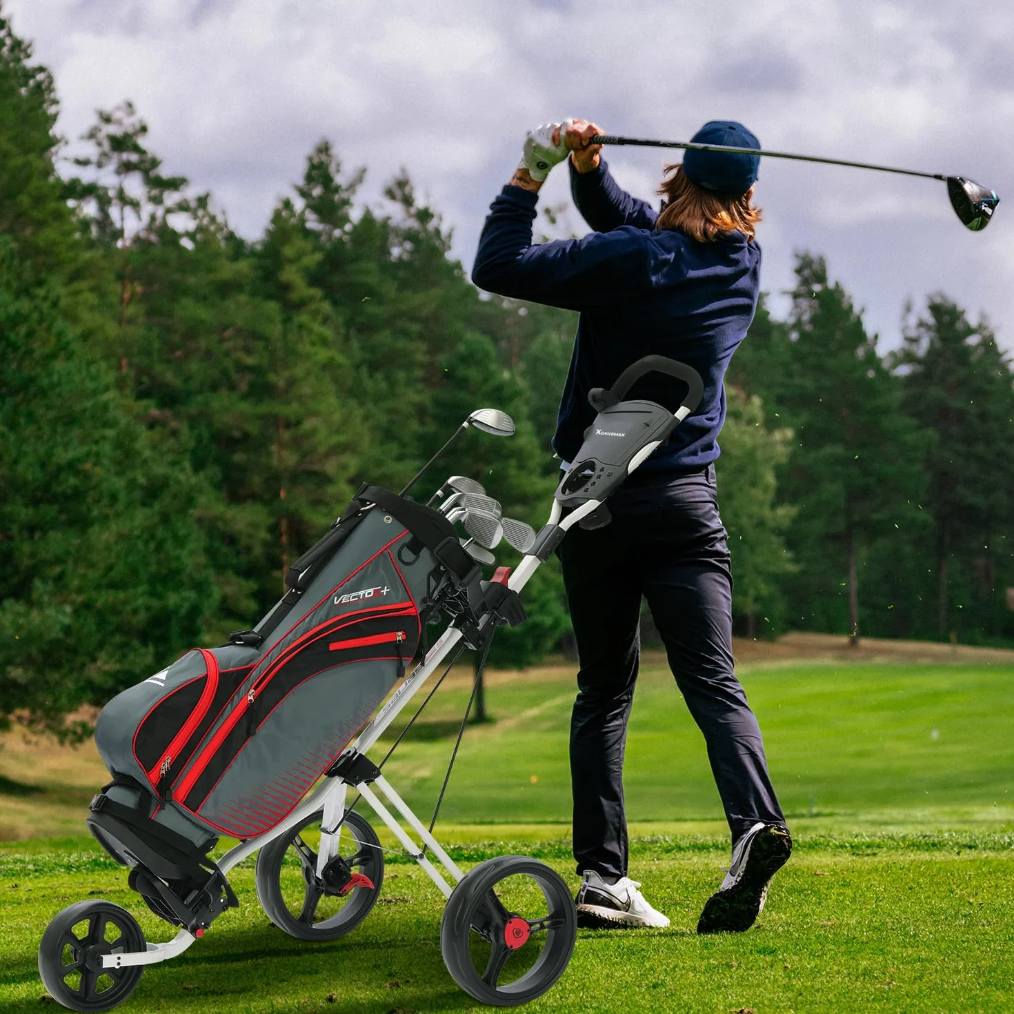 XDriveMax GC27 Carrito de Golf Plegable Ligero 3 Ruedas con Soporte para Tazas