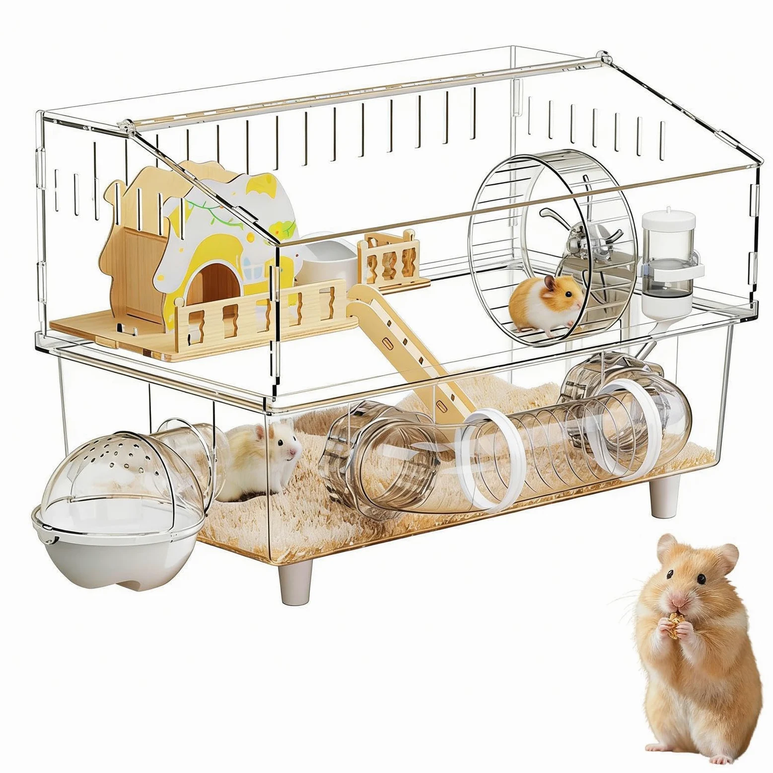 Jaula para Hámster Casa Transparente de 2 Niveles para Chinchilla | Jaula para Hámster Enano para Observación de Animales Pequeños en Interiores y Exteriores
