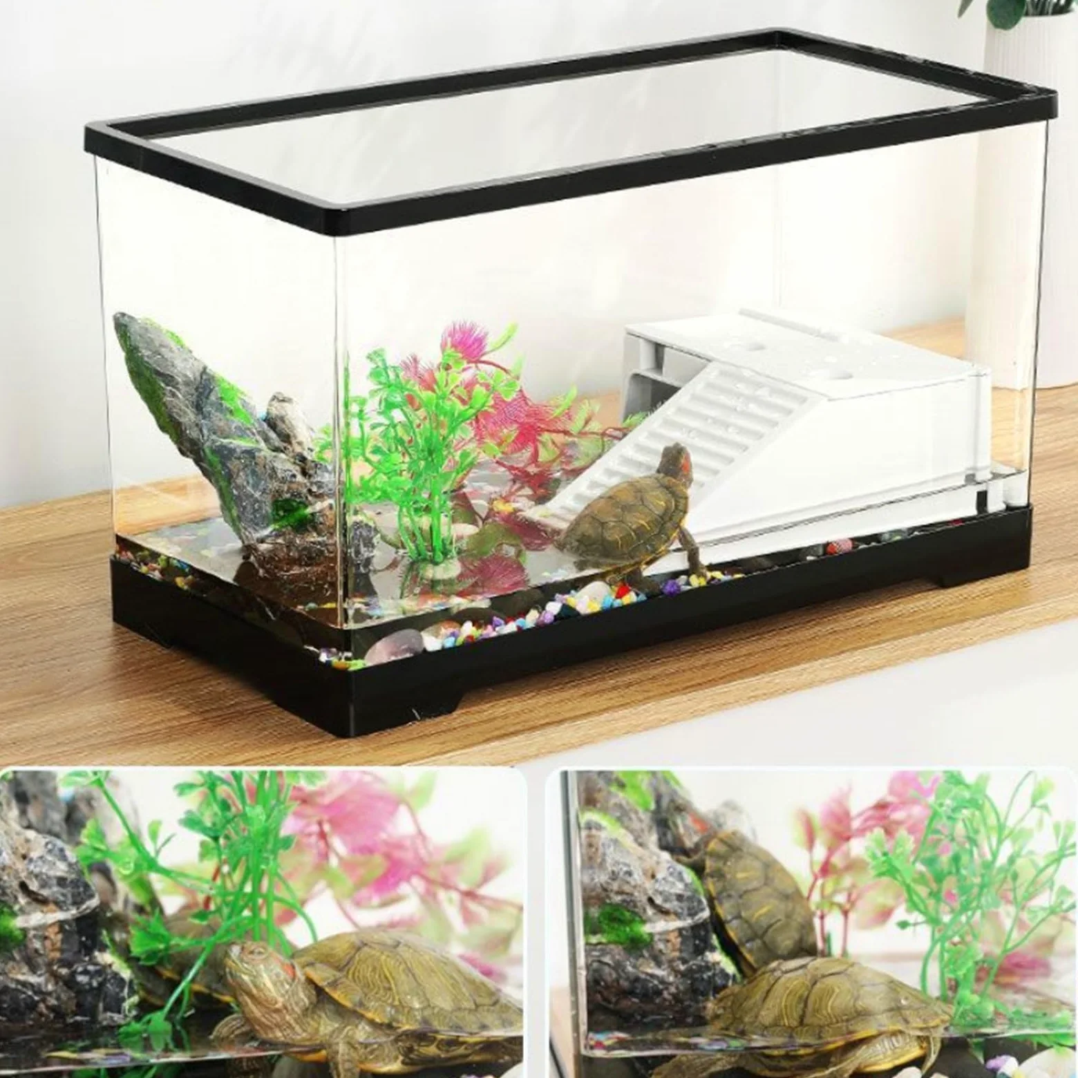 Tanque de Reptiles Caja de alimentación casera for Tortugas con separación en seco y húmedo Plataforma Secado al Sol Fácil Montaje