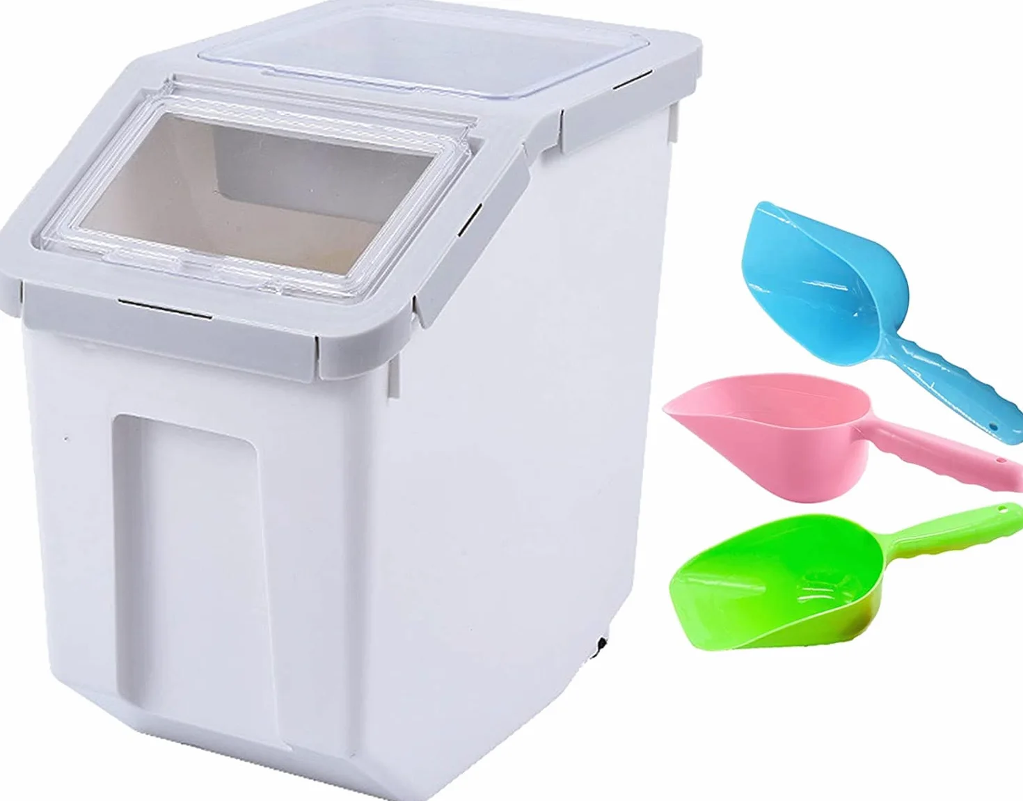 Contenedor de almacenamiento de alimentos de plástico de 10 kg con tapa y ruedas, organizador grande hermético para mascotas y cocina para perros y gatos, harina, cereales, incluye taza