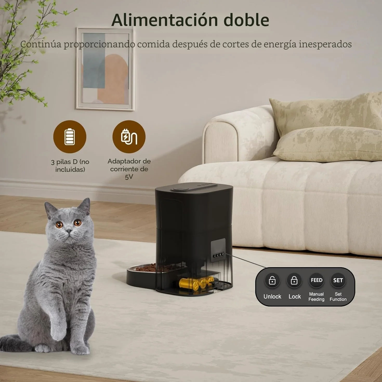 Balimo Comedero Gato Automatico, 2.4G WiFi Dispensador Comida Gatos, 3L Comedero Automatico Gato, Bol de Acero Inoxidable 304, 1 a 10 Comidas, Negro