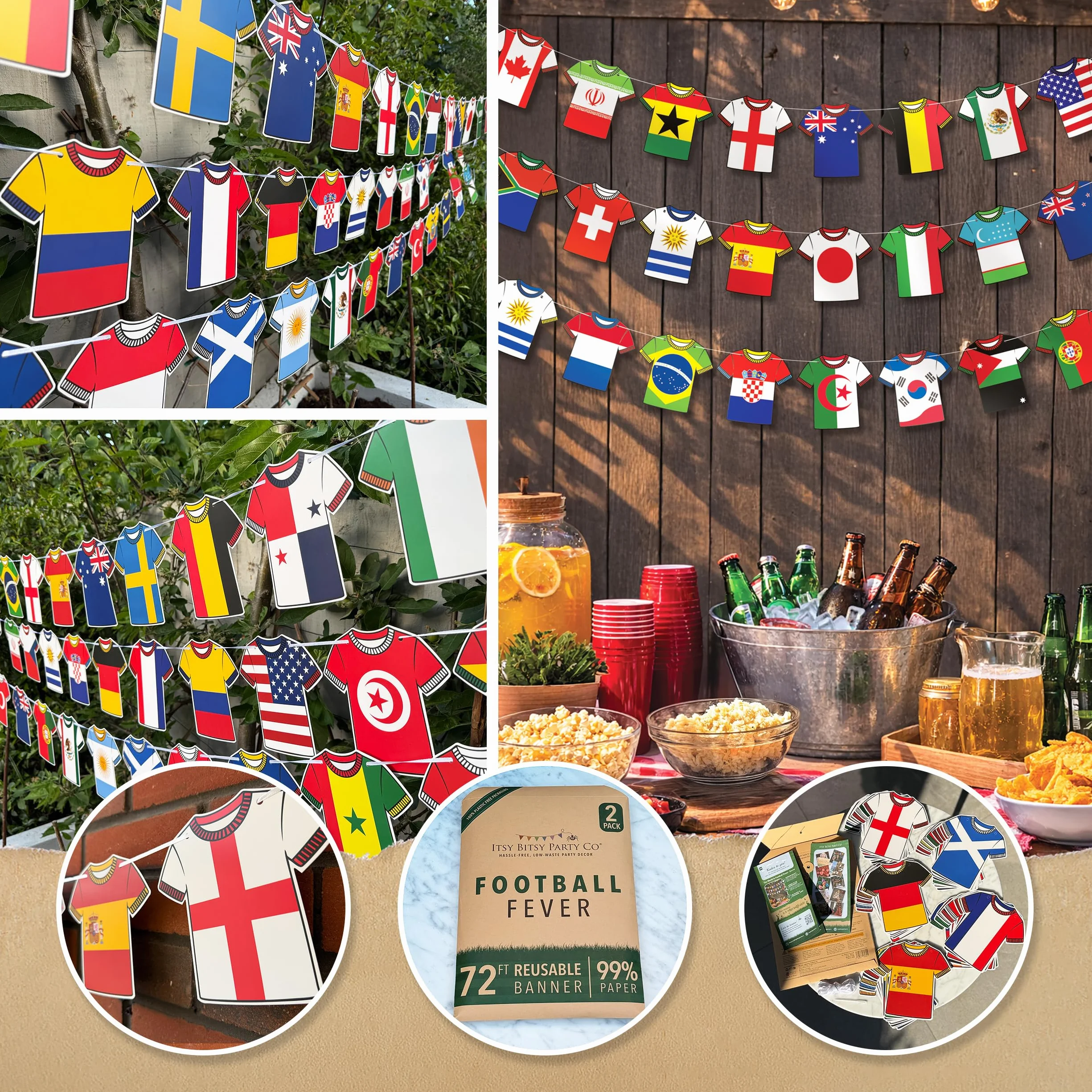 Banderines reutilizables Copa del Mundo 2026 2 unidades 48 equipos decoración fútbol pancarta de papel