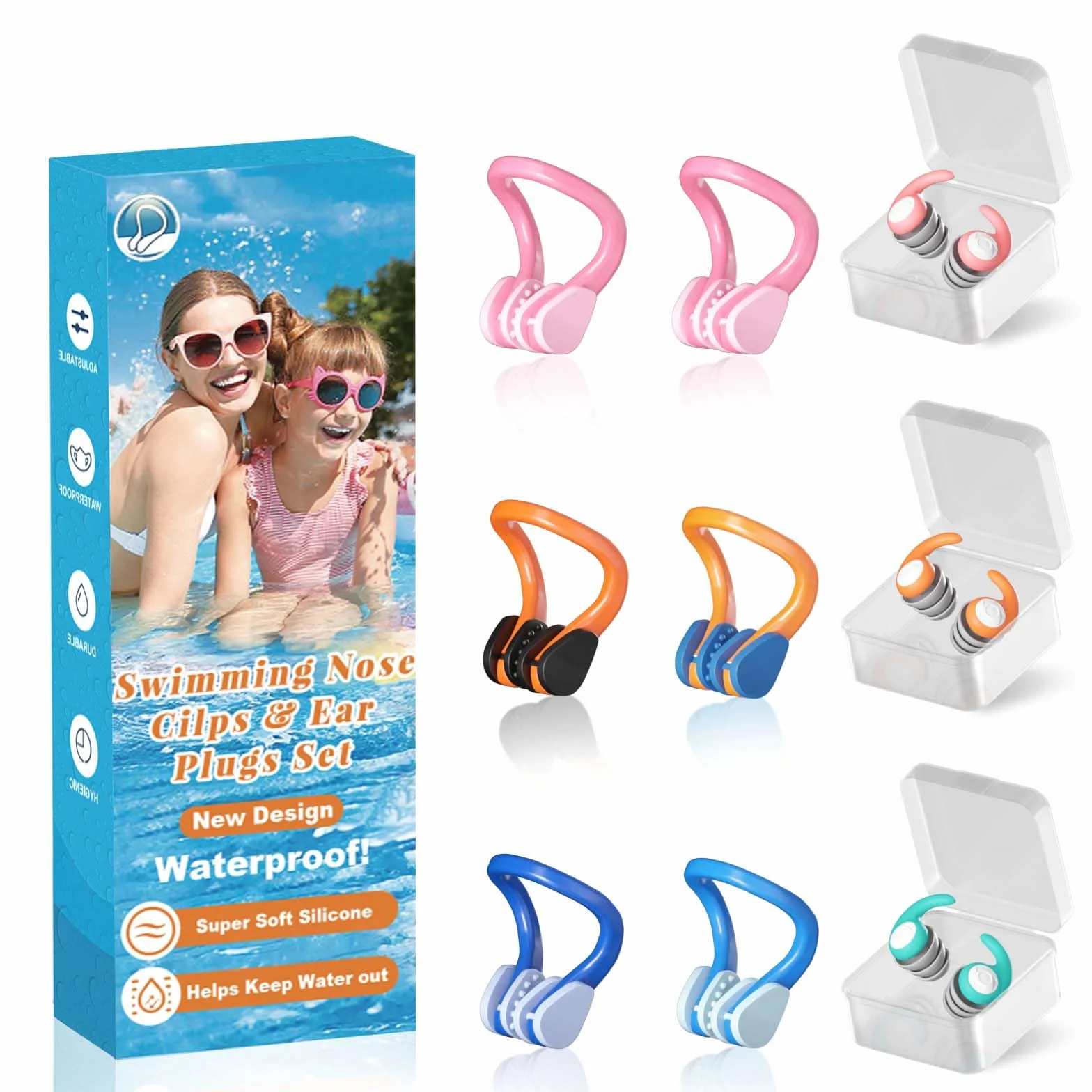 Pinza Nariz Natación Silicona Impermeable + Tapones Oídos Para Niños y Adultos – Accesorios Piscina con Caja Almacenamiento Reutilizable