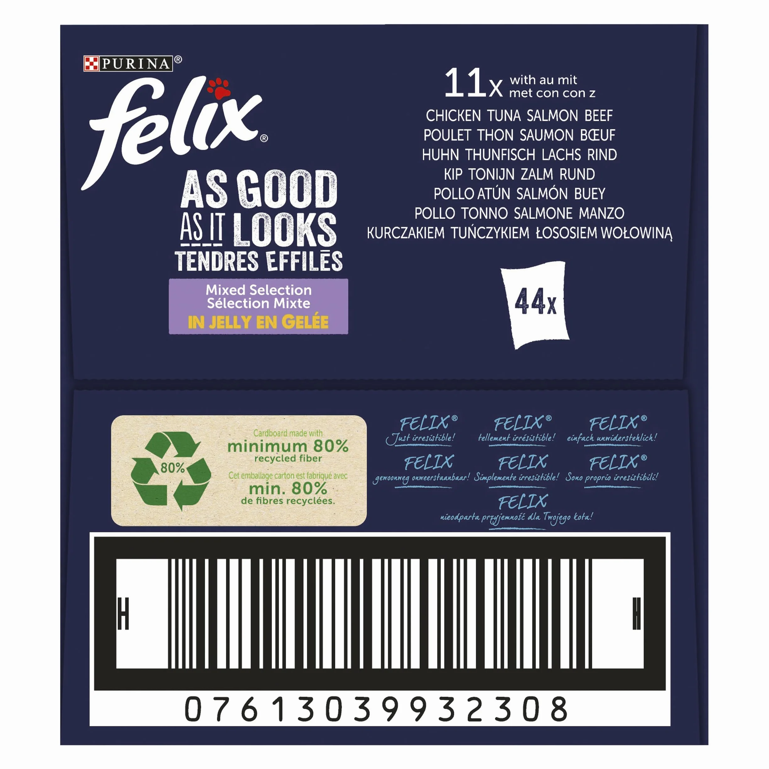 FELIX Comida Húmeda para Gato Adulto, Gelatina, Surtido Buey Pollo Salmón Atún, Pack 44 Sobres 85 g