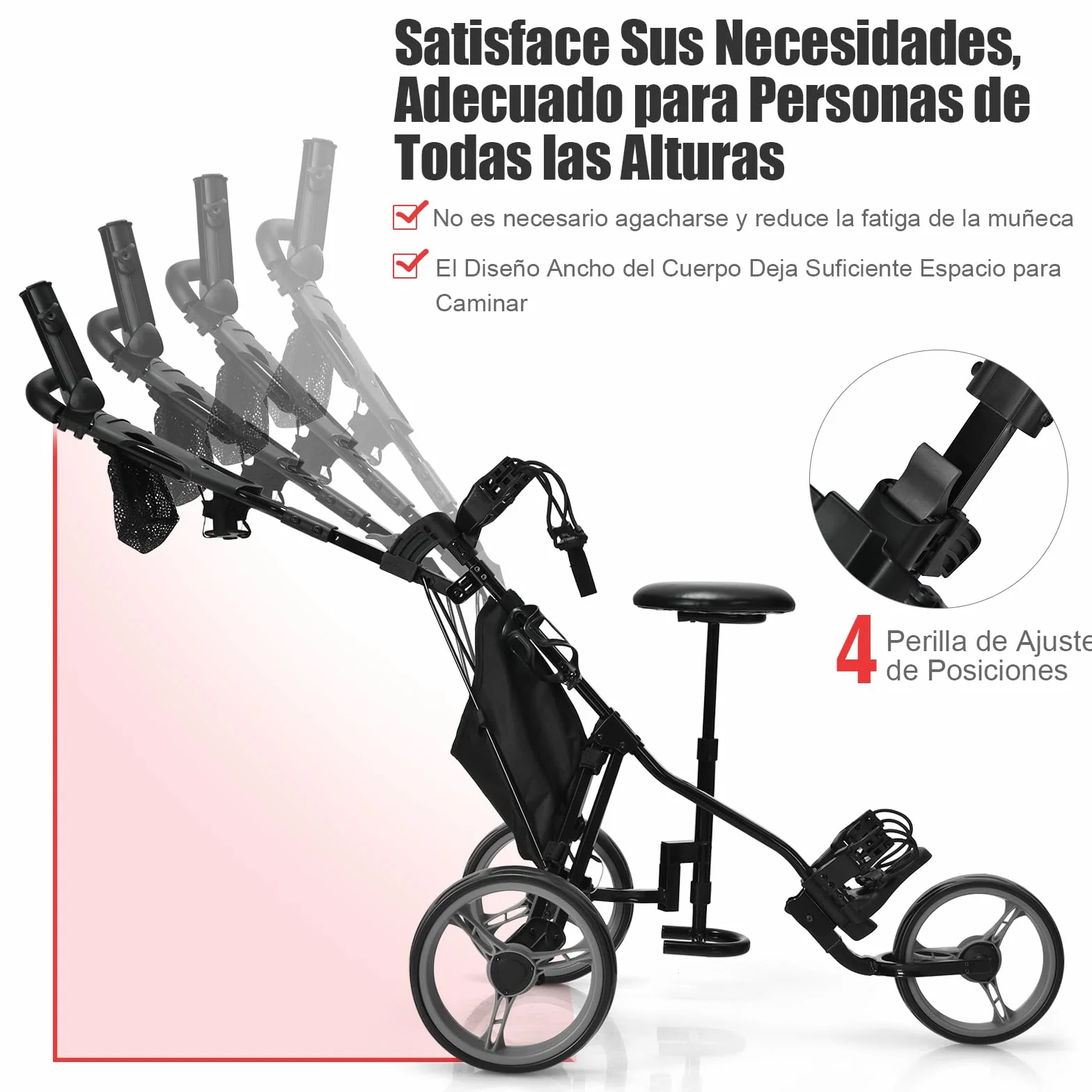 GYMAX Carro de Golf Plegable 3 Ruedas con Altura Ajustable y Portabebidas