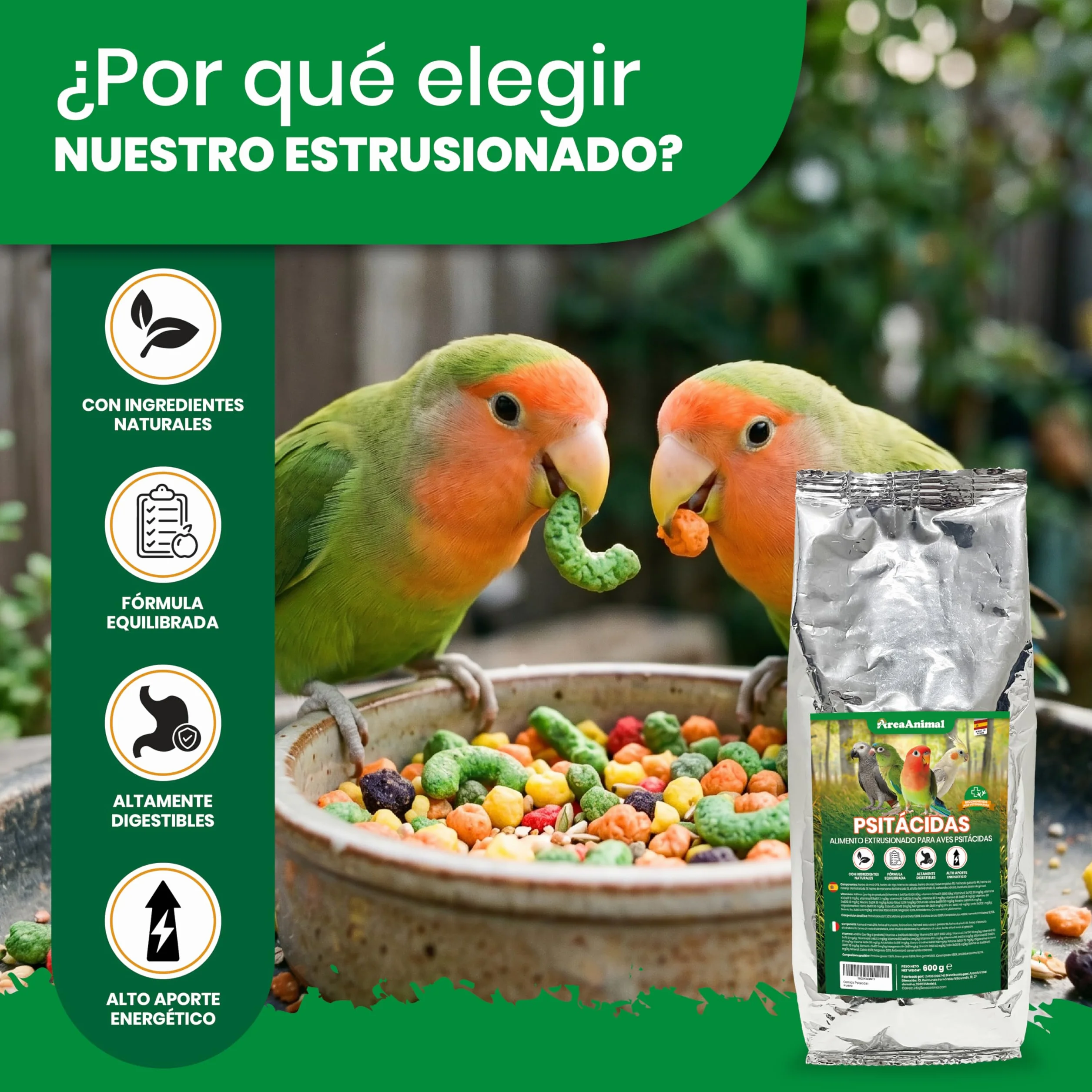 Alimento para Aves Psitácidas 600G, Comida Agapornis, Comida Periquitos, Ninfas, Loros... con Ingredientes Naturales, Alimento para Pajaros Psitácidas Extrusionado Completo y Equilibrado