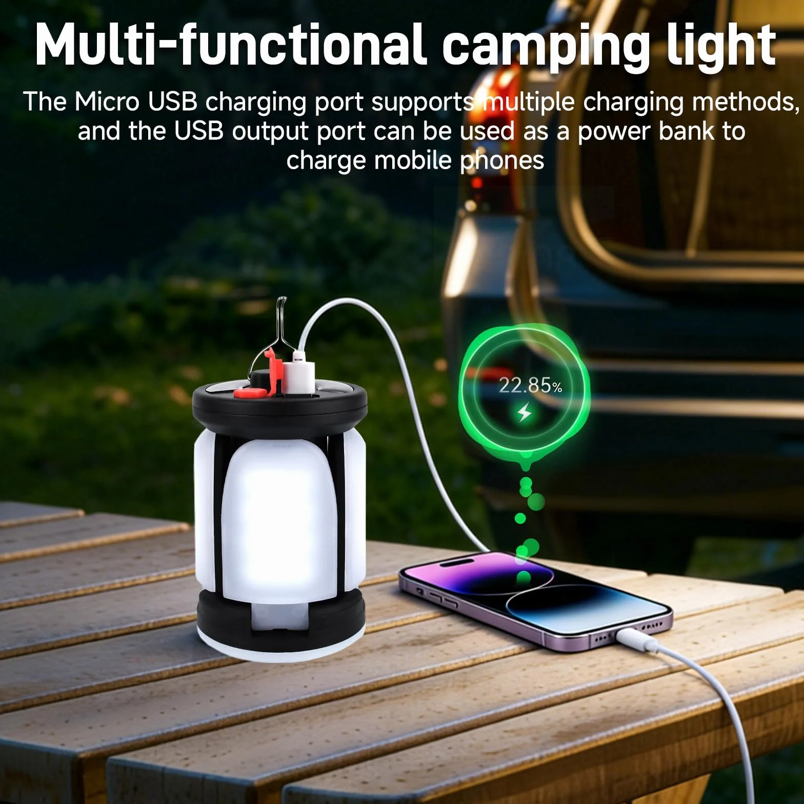 Lámpara Camping Plegable LED Recargable 6 Modos Luz 2400mAh Carga Solar USB 60 LEDs