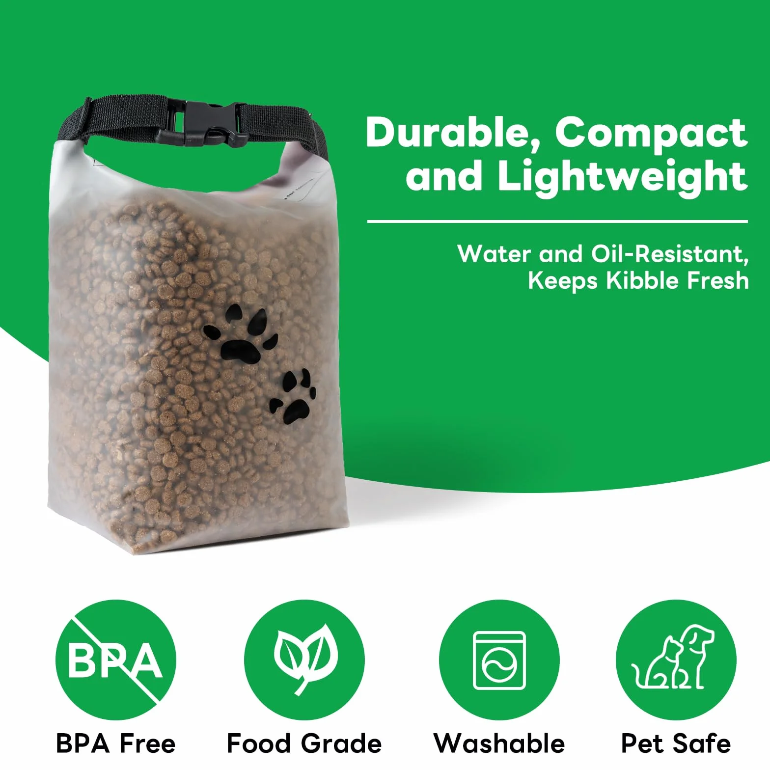Bolsa de almacenamiento de alimentos para mascotas para viajes, contenedor de comida para perros con cierre enrollable, sin BPA, grado alimenticio, mantiene las croquetas frescas para viajes
