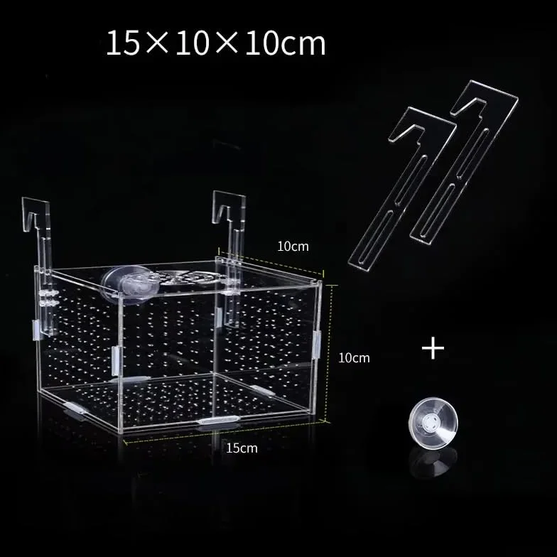 Caja de cría de peces de acrílico transparente para aislamiento y desove de acuarios con diseño flotante y soporte de ventosa 10 x 10 x 10 cm (12 x 12 x 12 cm)
