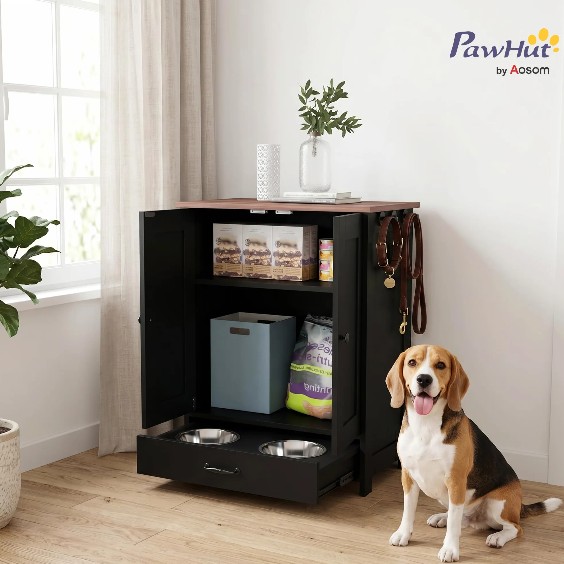 PawHut comedero para Mascotas con Almacenamiento, comedero para Perros con Cuencos elevados para Perros, Panel Ajustable, Ganchos, gabinete de Almacenamiento de Alimentos para Mascotas, Negro
