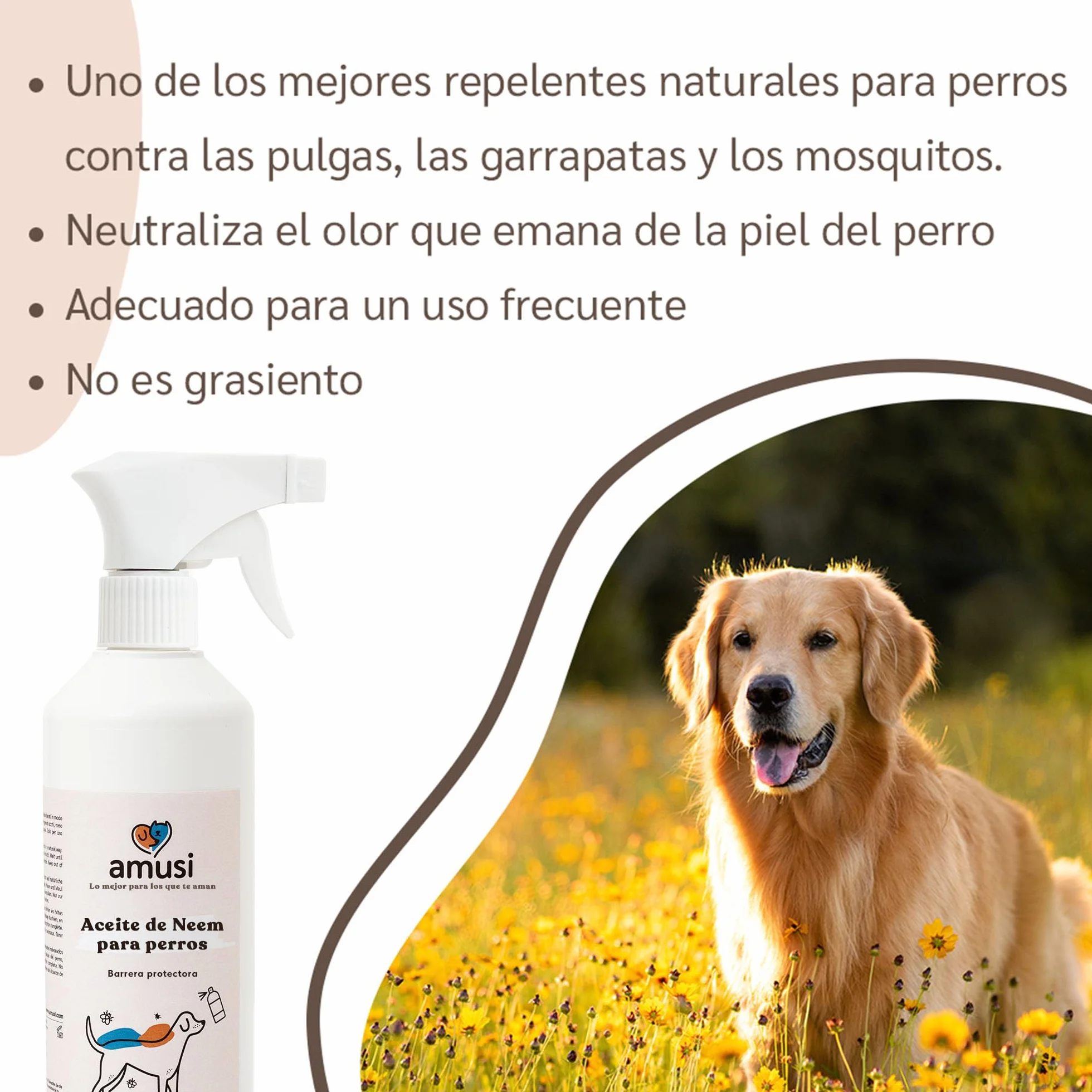 amusi Aceite de Neem para Perros - 500 ml - Anti Insectos - Spray Antipulgas Perros - contra Garrapatas Pulgas Mosquitos Moscas Ácaros Piojos - Anti Pulgas