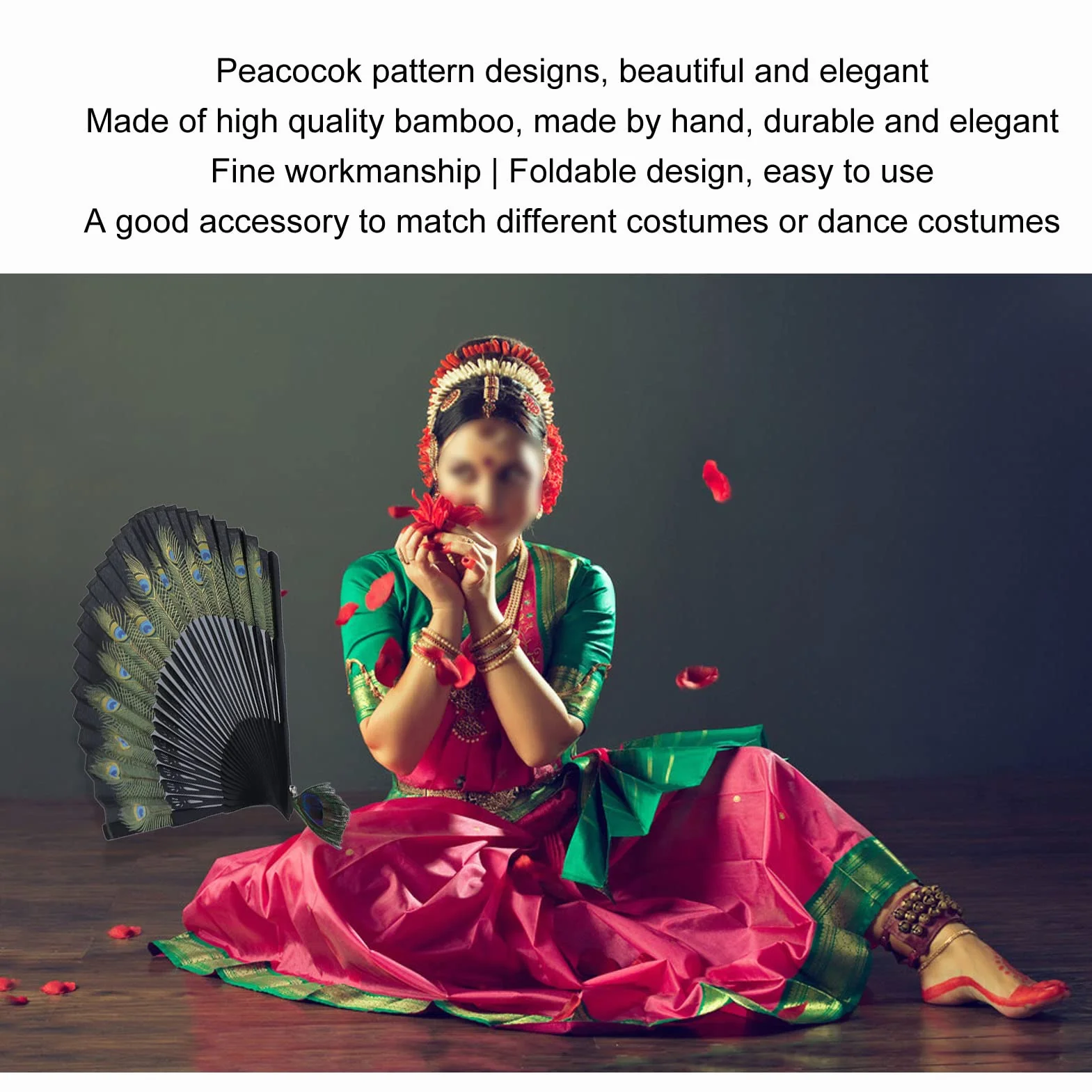 Abanico de Mano de Bambú Antiguo Plegable con Patrón de Pavo Real para Decoración de Pared