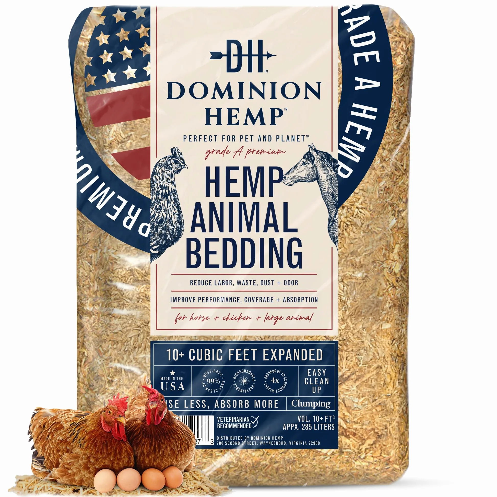 Dominion Hemp Premium - Ropa de Cama de cáñamo para gallineros de más de 10 pies cúbicos (285 L) – Cultivado y procesado en Estados Unidos – Cajas Nido para Pollos, Conejos, cobayas, hámsters