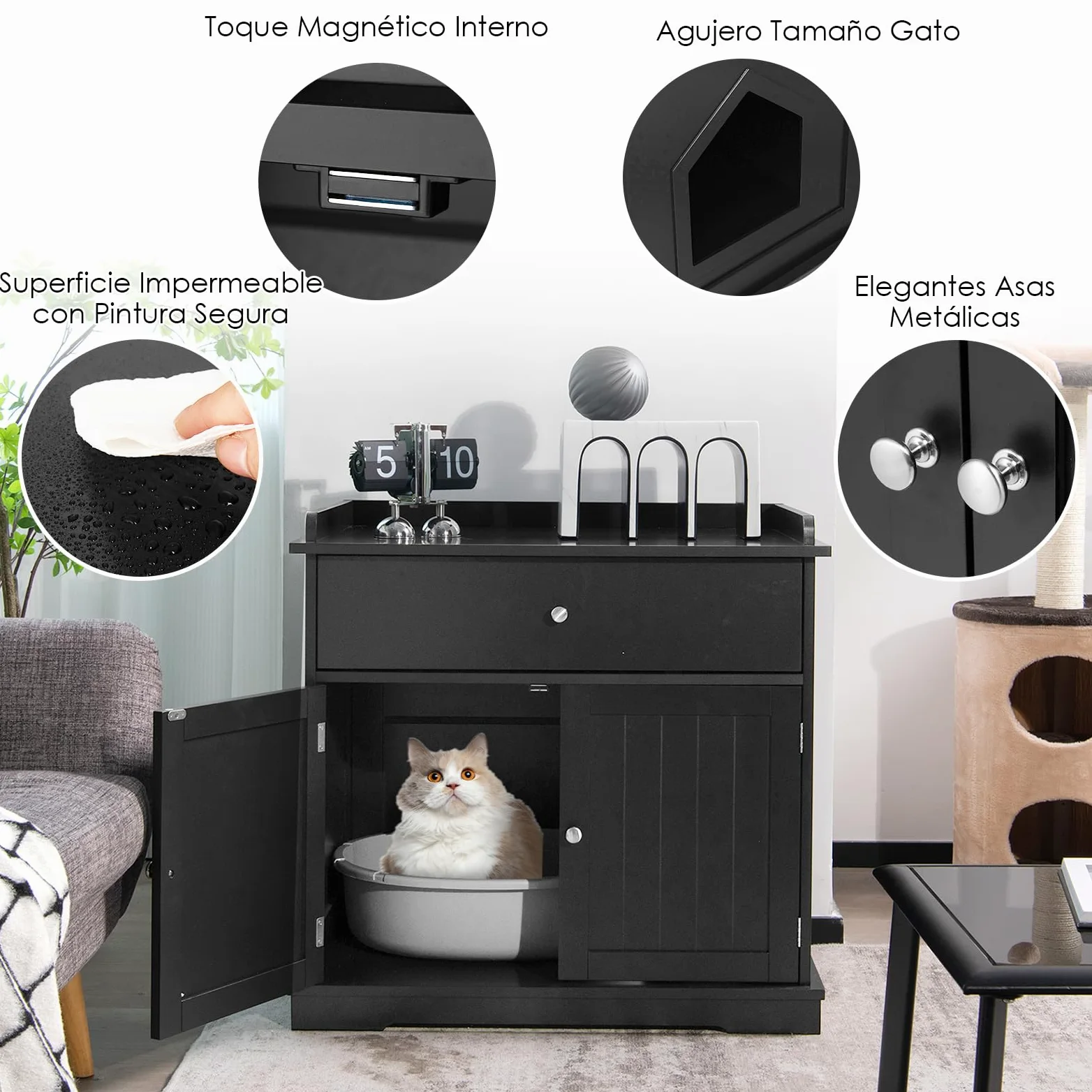 GOPLUS 3 en 1 Mueble Arenero para Gatos, Caja de Arena para Gatos con Cajones, Aseo Cerrado para Gato con Puertas Dobles y Agujeros, Casa de Mascotas Interior, Mesa Auxiliar con Lavabo Oculto (Negro)