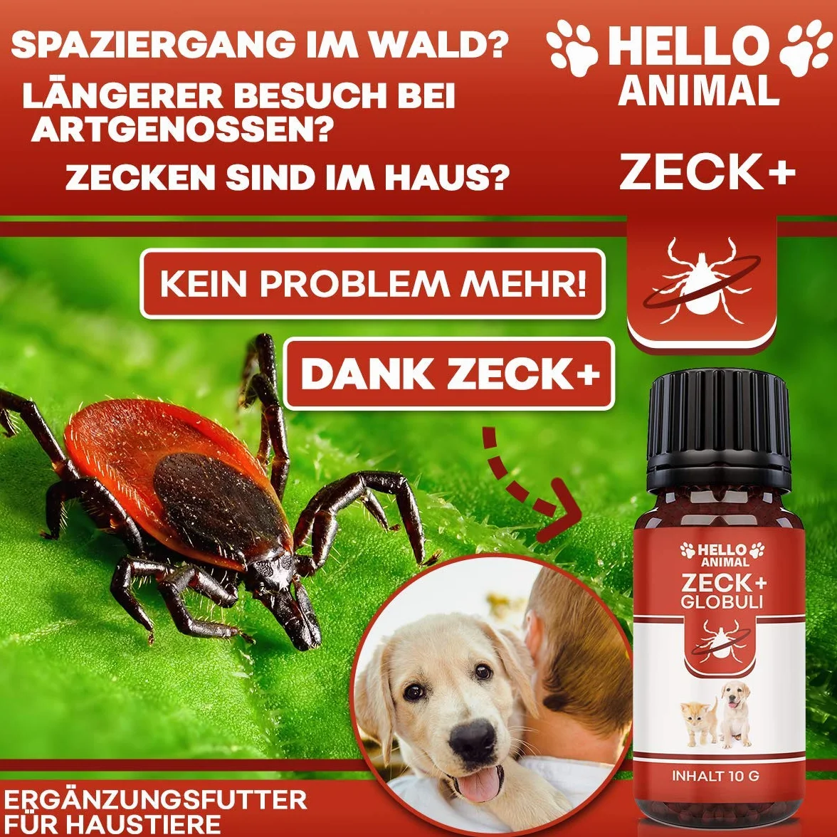 Hello Animal ZECK+ - Píldoras de 10 g, protección contra garrapatas, gato y perro, apoyo vegetal para el tiempo de las garrapatas, dosificación fácil, alimento complementario natural para animales