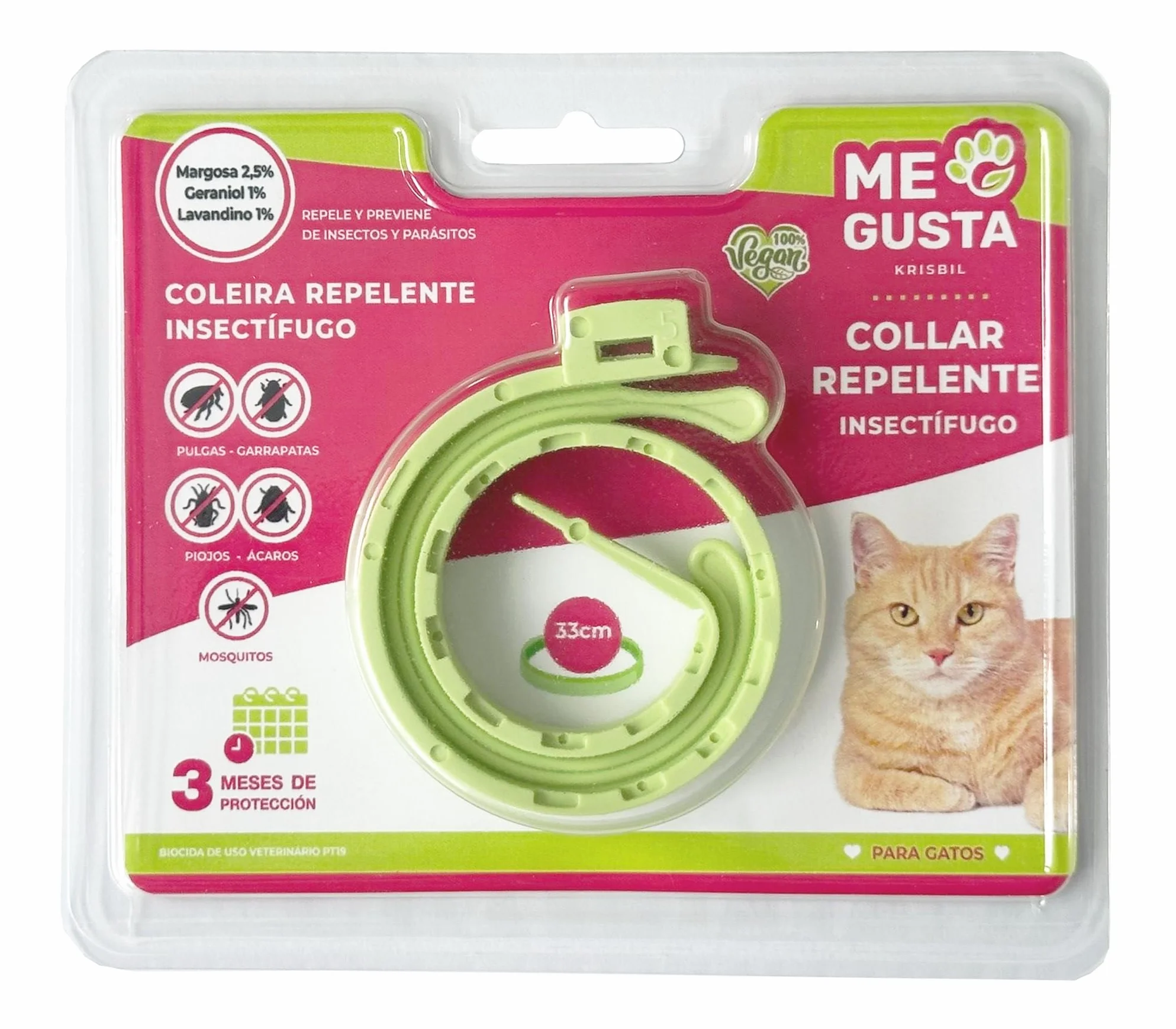 ME GUSTA Collar Repelente para Gatos con 3 Activos Naturales Margosa, Geraniol Y Lavandino | Repele Todo Tipo de Insectos | Fragancia Cítrica | Estuche | 30 cm