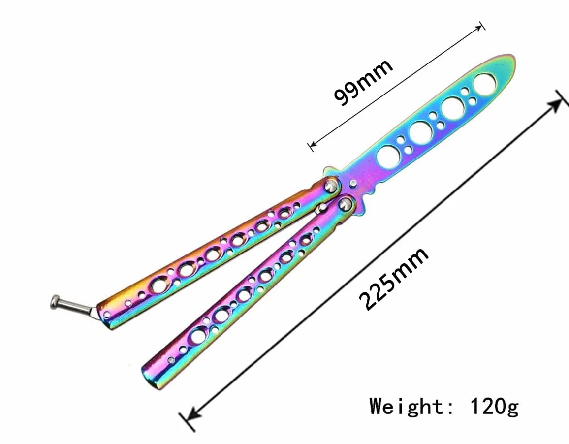 MAKIE Cuchillo de Mariposa Entrenamiento Metal Desafilado Arcoíris Plegable