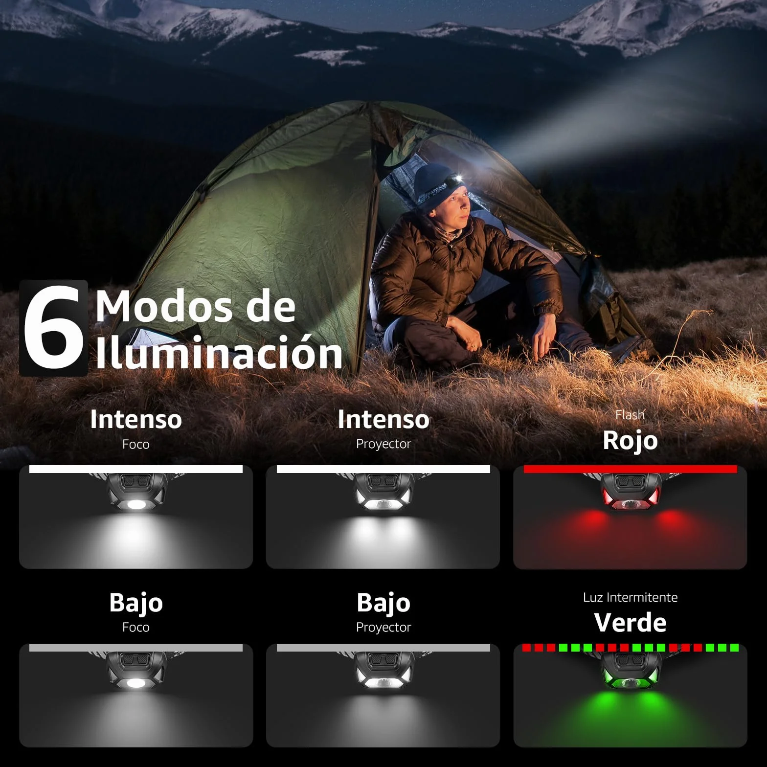 Lepro Linterna Frontal LED Recargable 2000lux IPX4, 6 Modos de Luz Rojo, D500 USB para Correr Camping Excursión Pesca