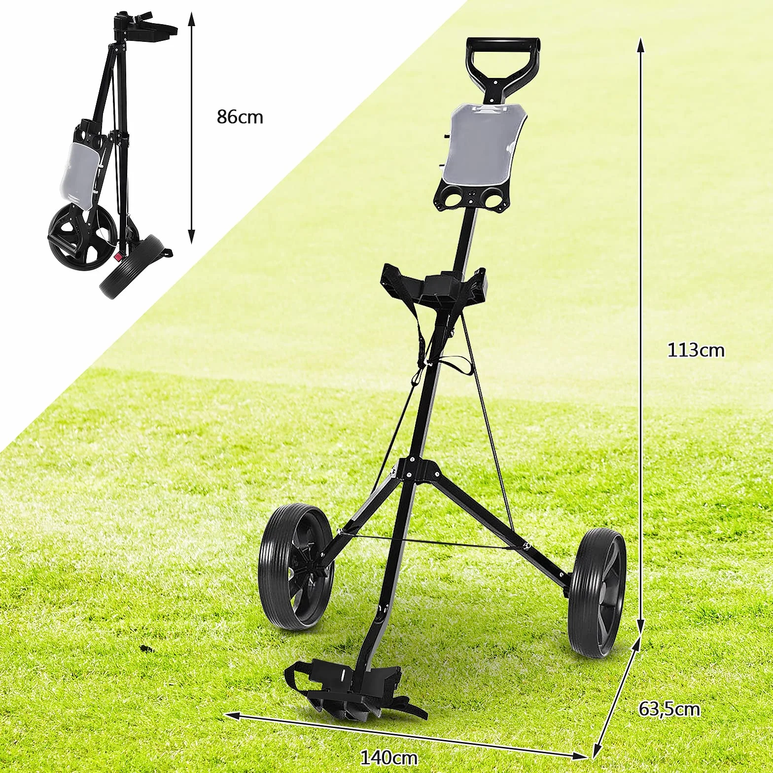 COSTWAY Carrito de Golf Plegable con 2 Ruedas, Estructura de Metal, Negro