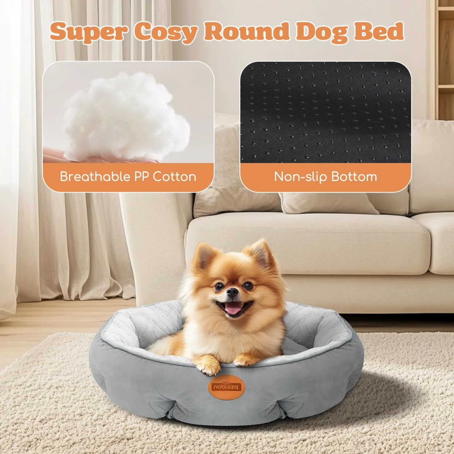Nobleza Cama para Perros Pequeños, Cama Lavable para Mascotas, Sofá Redonda de Perros y Gatos Antideslizantes y Antiestres, Felpa Suave y Mullida, Bordes Elevados, Gris, Ø80 x 18 cm