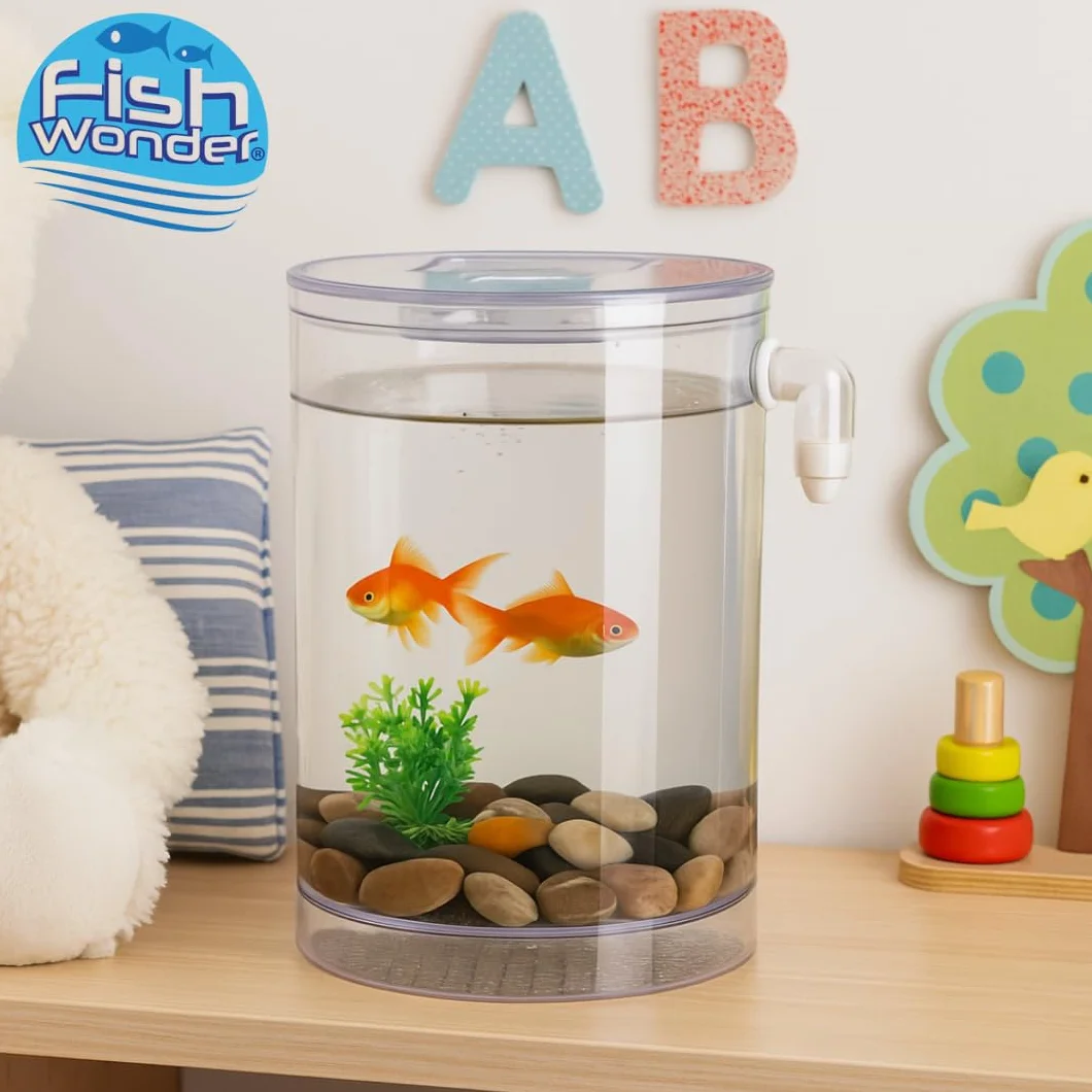 Fish Wonder Acuario Autolimpiador con Luz LED | Mini Acuario con Sistema de Limpieza Incorporado, Piedras y Plantas Decorativas | Agua Clara Siempre | Fácil Mantenimiento – Ideal para Niños y Hogar