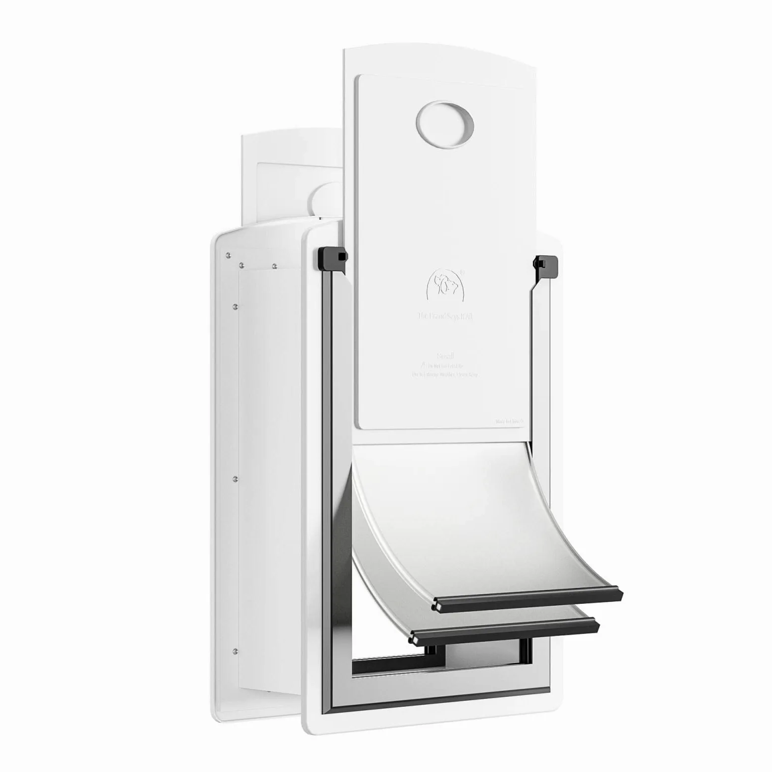 Cat Door for Wall, Energy Efficient Pet Door with Steel Frame, Telescoping Tunnel, Double Magnetic Flaps and Two Sliding Lock Panels, Easy to Install, Milky White, Small | Marco de acero, túnel telescópico, solapas magnéticas dobles, 2 paneles de bloqueo