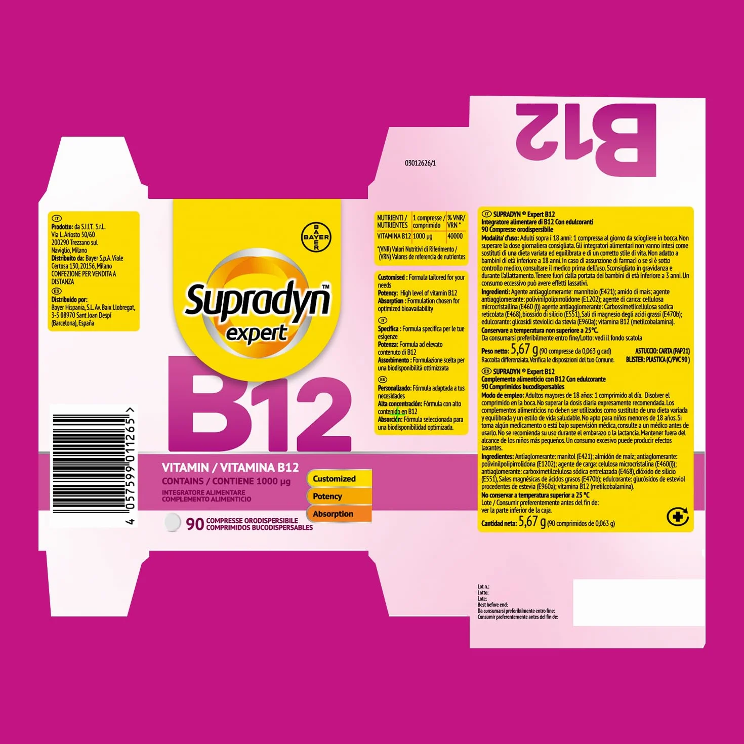 Supradyn Expert Vitamina B12 1000 µg Metilcobalamina Pura 90 Comprimidos Bucodispersable Suplemento Energía Memoria Sistema Nervioso Vegano Sin Gluten
