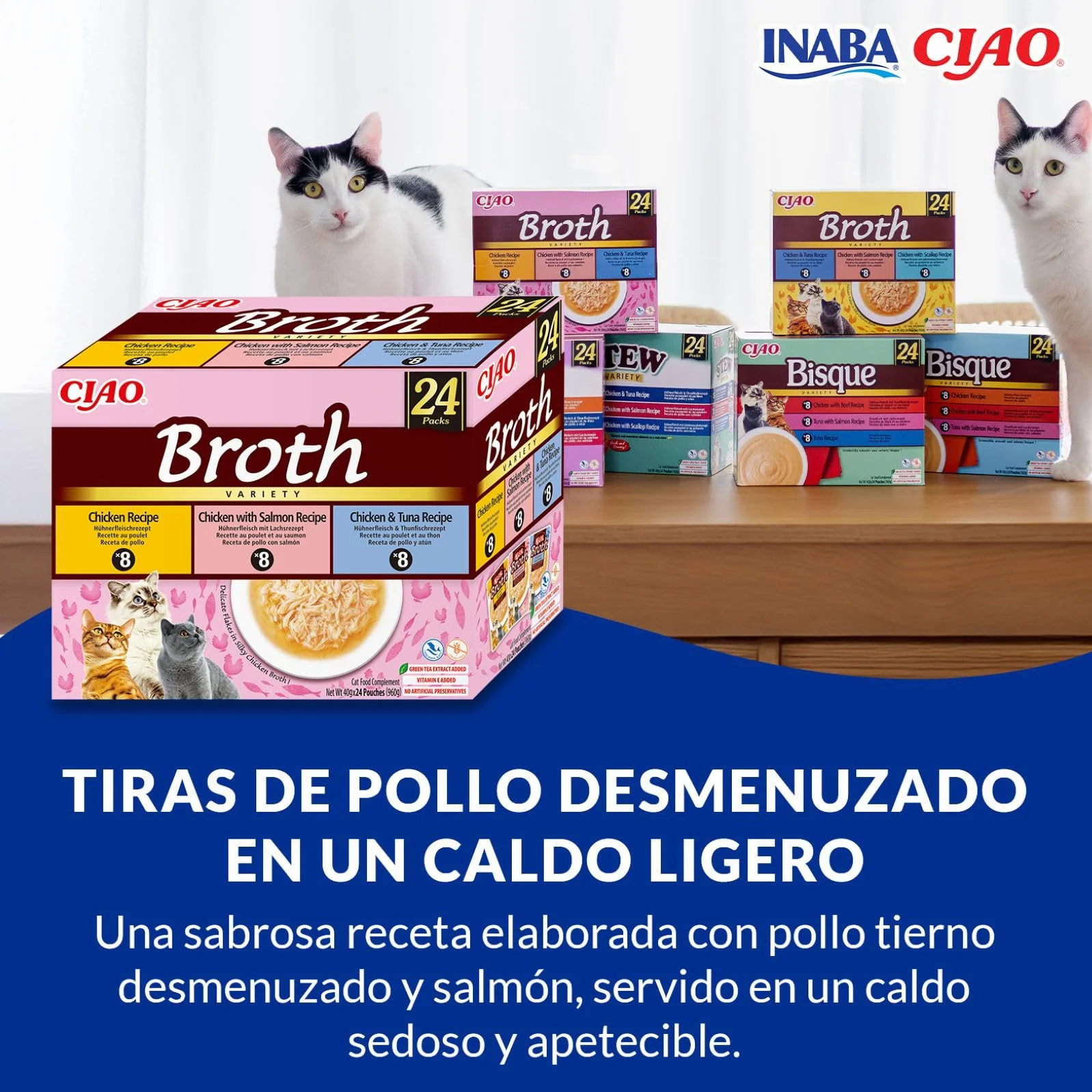 INABA Ciao Broth Gatos - Receta Saludable de Caldo de Pollo, 3 Sabores Diferentes - Comida Húmeda con Tiras de Pollo, Salmón y Atún - Natural, sin Cereales - 960g (24 Sobres x 40g)
