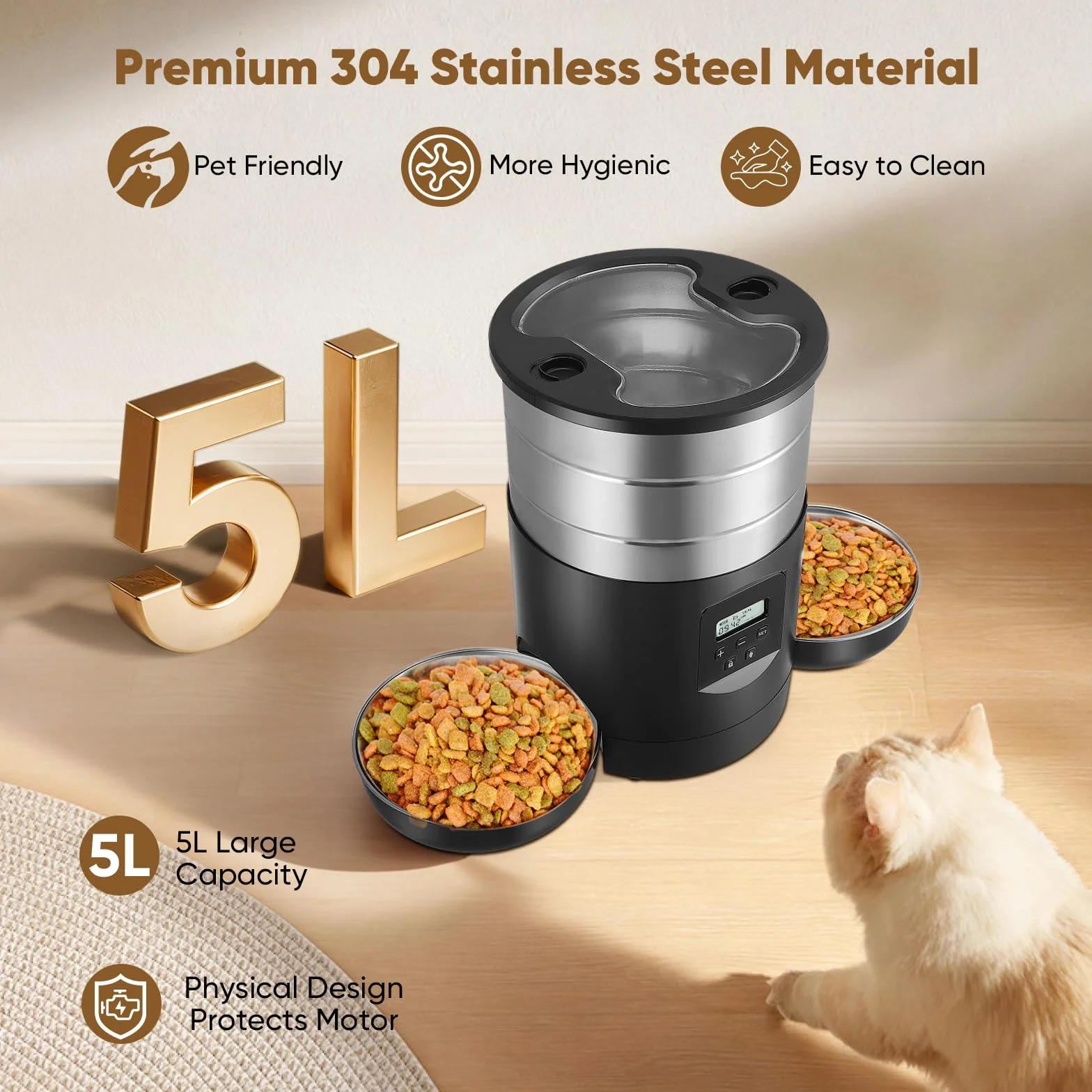 Comedero Automático Gatos 5L con 2 Cuencos, WiFi 2.4G & App Temporizador, Dobles Cuencos Interior Comedero Inteligente, Alimentación Doble con Control de Botones