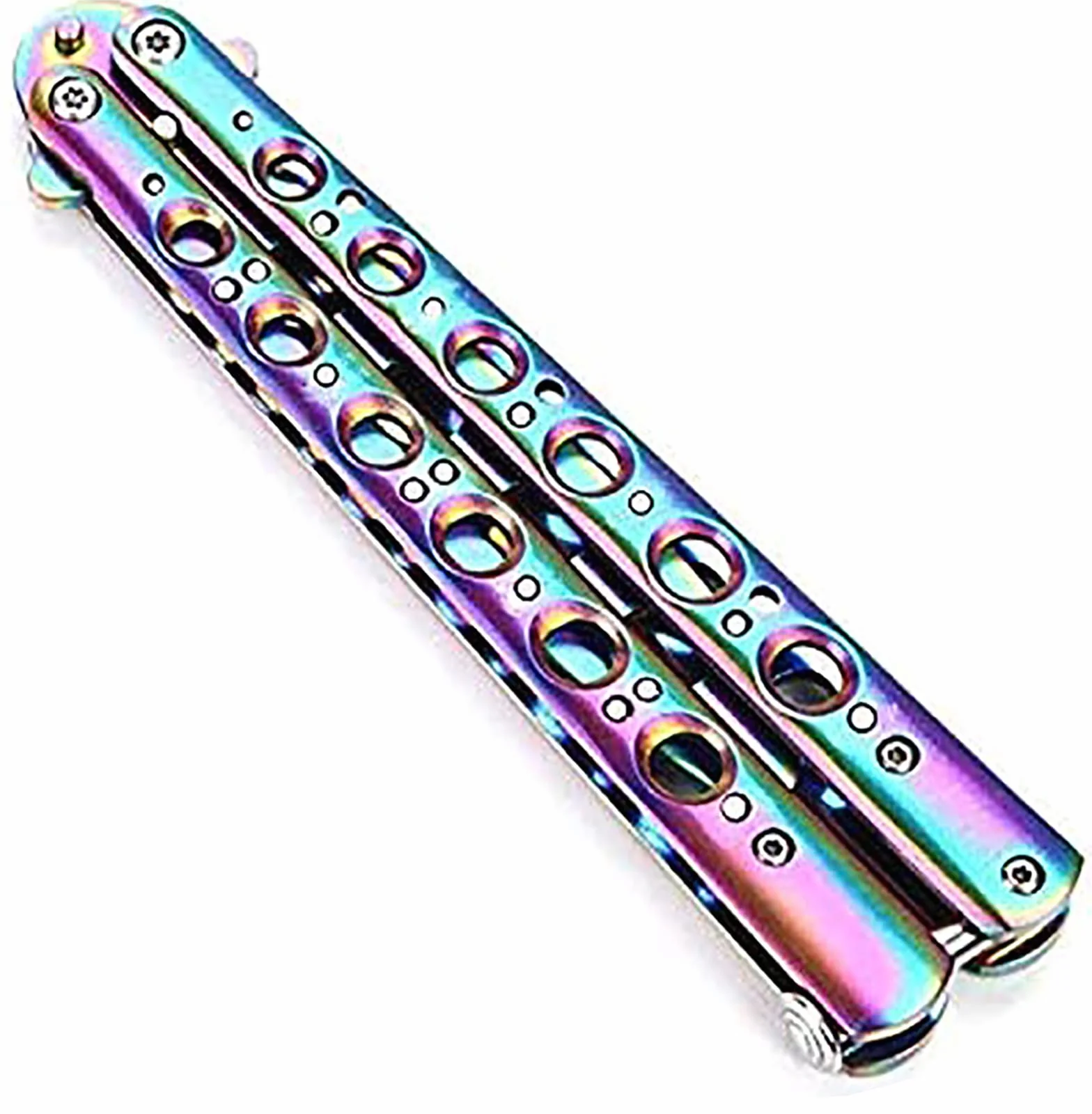 MAKIE Cuchillo de Mariposa Entrenamiento Metal Desafilado Arcoíris Plegable
