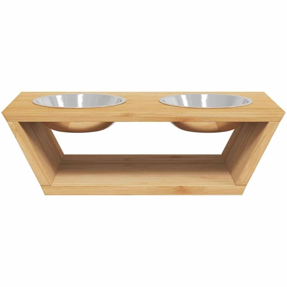 Cuencos elevados para perros con marco de bambú, 35,5 x 18 x 10,5 cm, 2 cuencos de acero inoxidable extraíbles, comedero y bebedero para perros, fácil de limpiar, estable y antideslizante