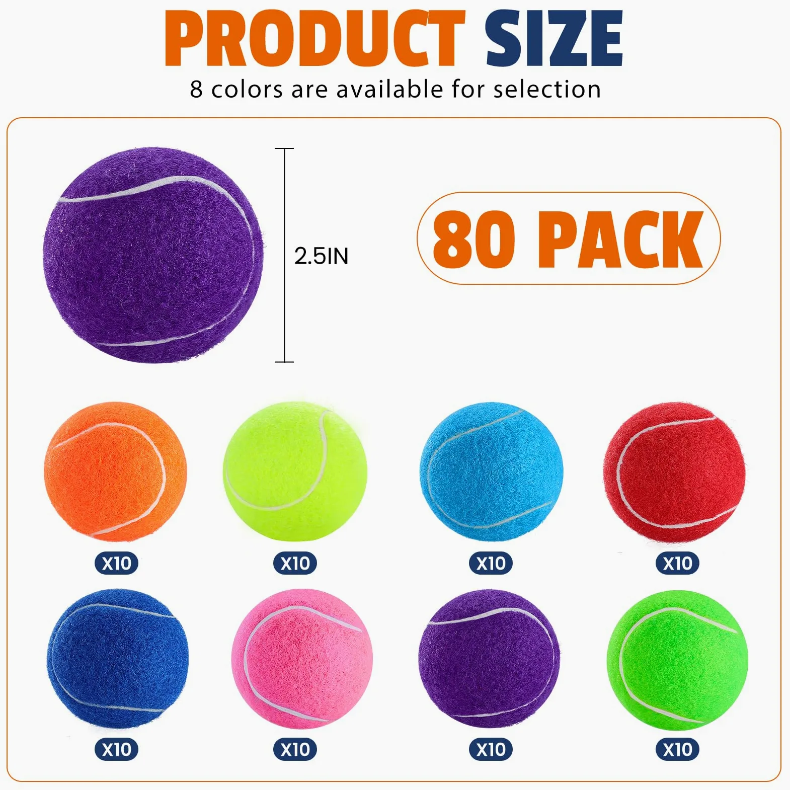 FURWEY Pelotas de tenis para perros, paquete de 80 unidades, 2.5 pulgadas, duraderas y no tóxicas, pelotas de juguete para perros con bolsa de malla, pelotas de juguete coloridas para mascotas (no