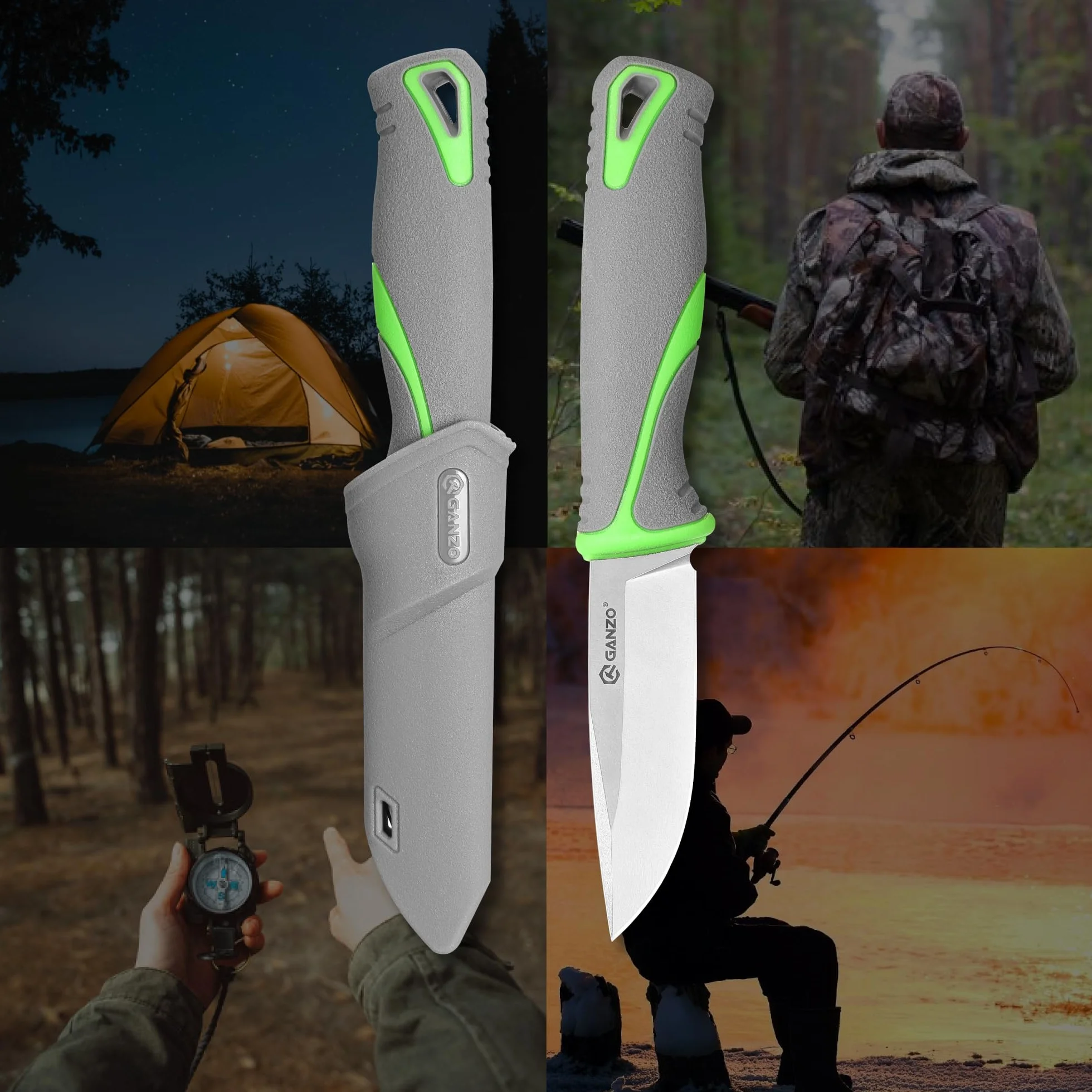 Ganzo G807-GY Cuchillo de hoja fija 9CR14 Acero inoxidable Mango ergonómico Camping Caza Pesca EDC Gris