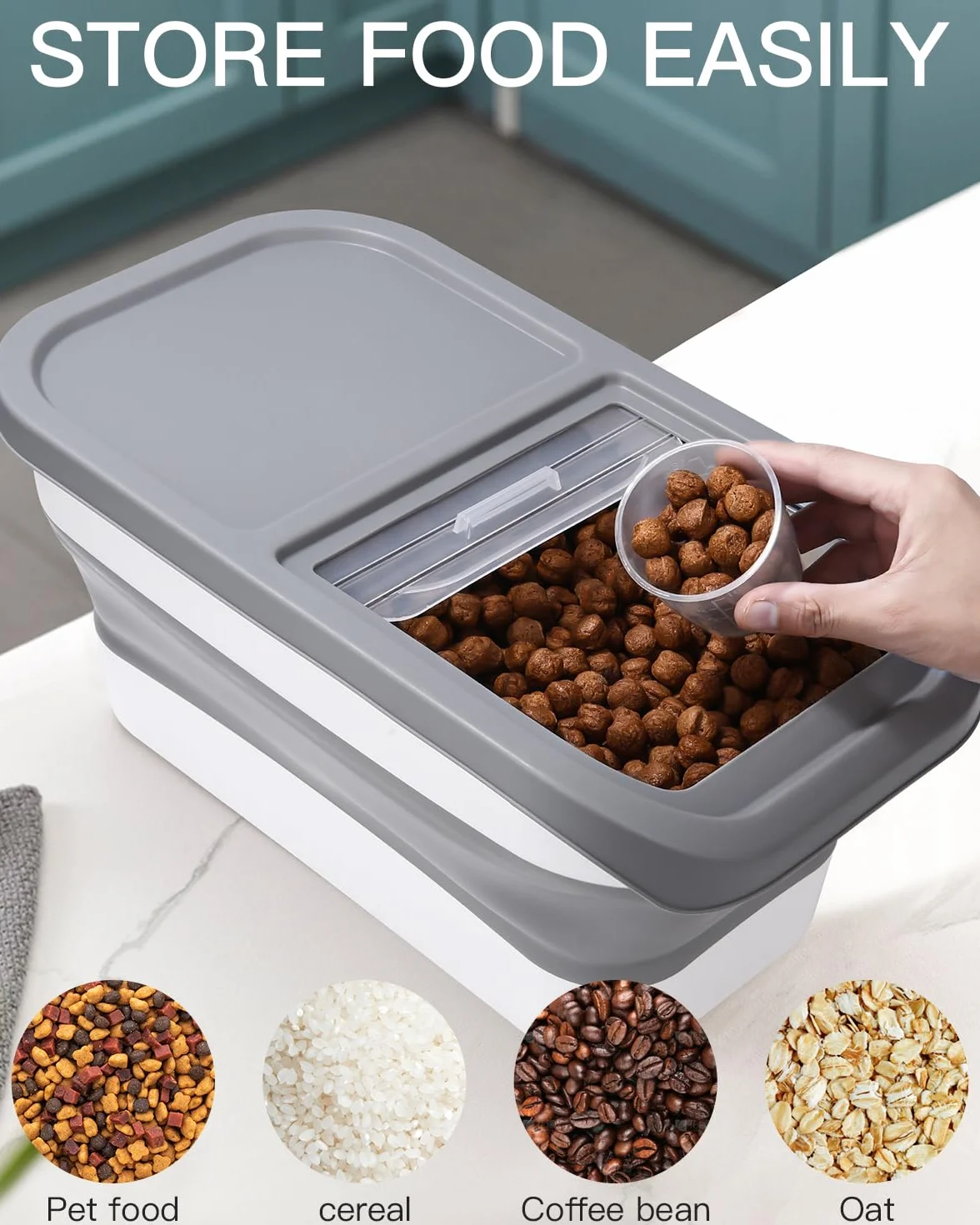Zawaer Contenedor de Comida para Mascotas 5KG, Pienso Perro Gato Plegable Cubo Caja Almacenamiento Comida con Pala y Taza Medidora